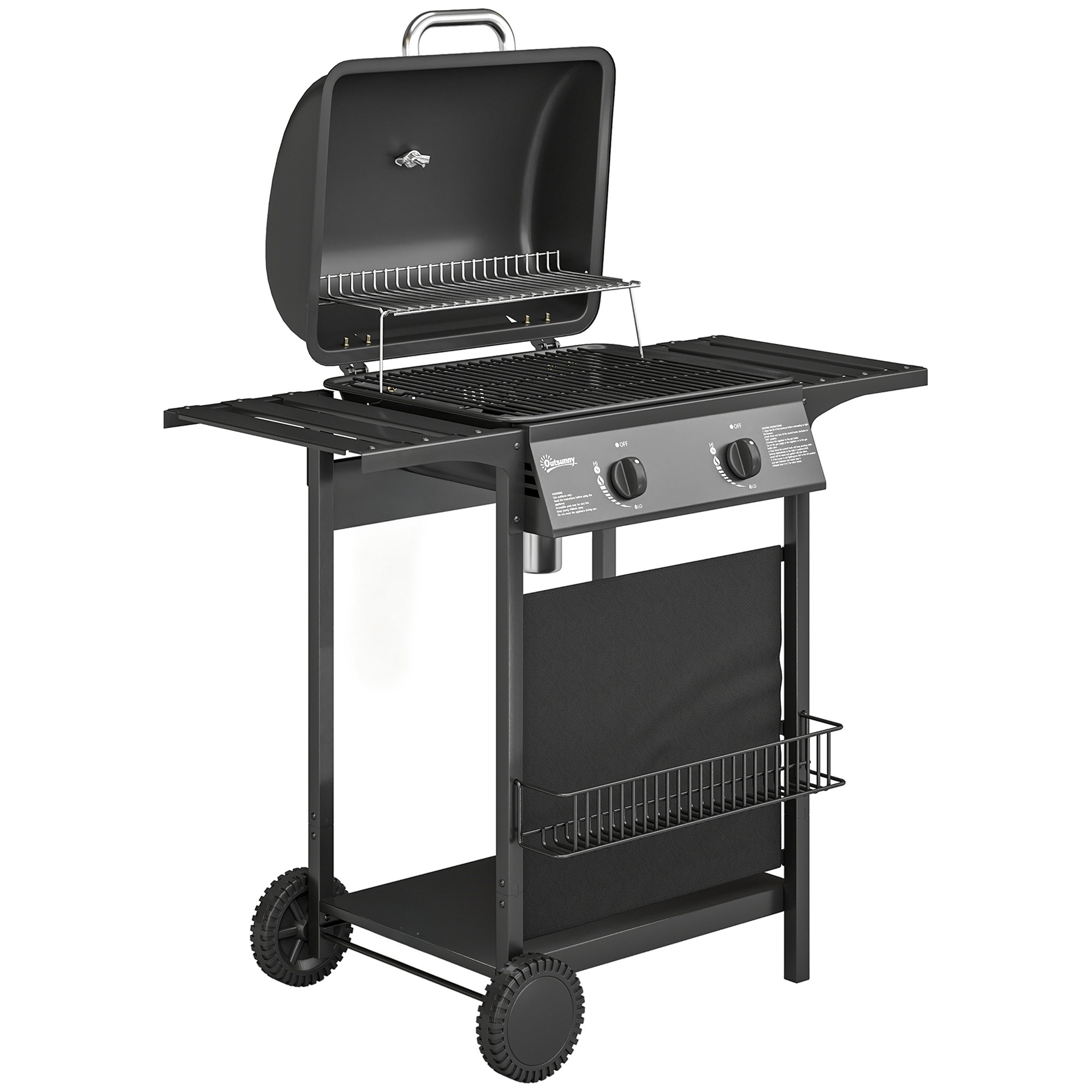 Gaasigrill 5 KW 2 põletiga BBQ grillkäru roostevabast terasest koos külglaua, alumise korvi, esikaane, termomeetri ja emailitud grillrestiga
