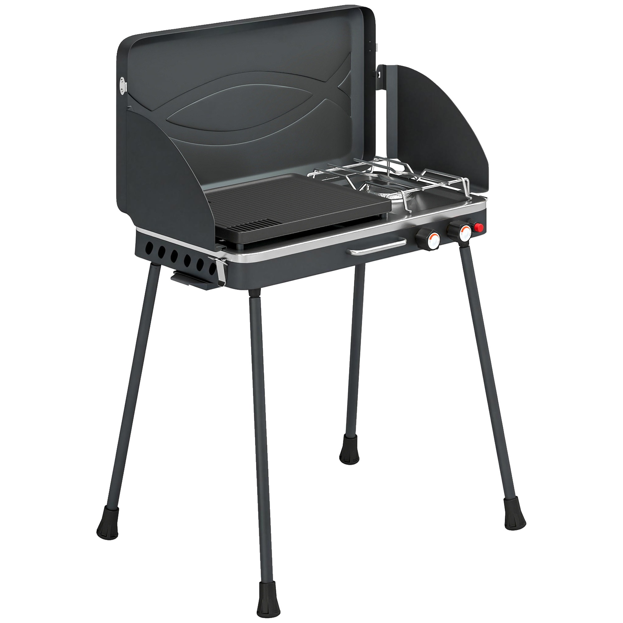 Kaasaskantav gaasigrill, 2 põletit, 7 kW, 2-ühes lauagrill röstimisfunktsiooniga, kokkupandavate jalgade, grillresti, tuuletõkke, kaane ja lukustusmehhanismiga