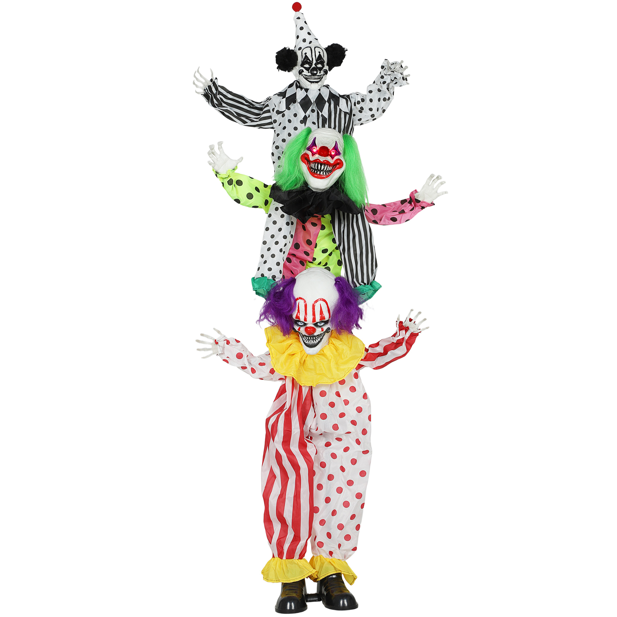 Virnastatavad Halloweeni animatroonilised klounid helendavate punaste silmadega siseruumide peo rekvisiitideks
