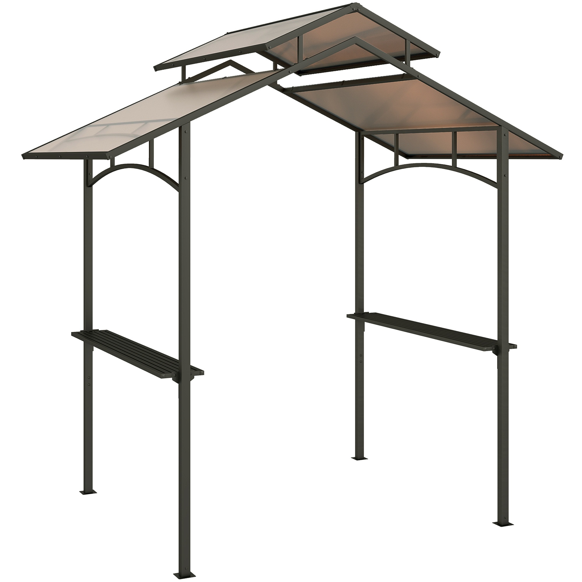 Grillpaviljon leegikindla katusega, BBQ-paviljon 2 riiuliga, 2,5 x 1,5 m, terasest PC, must+pruun