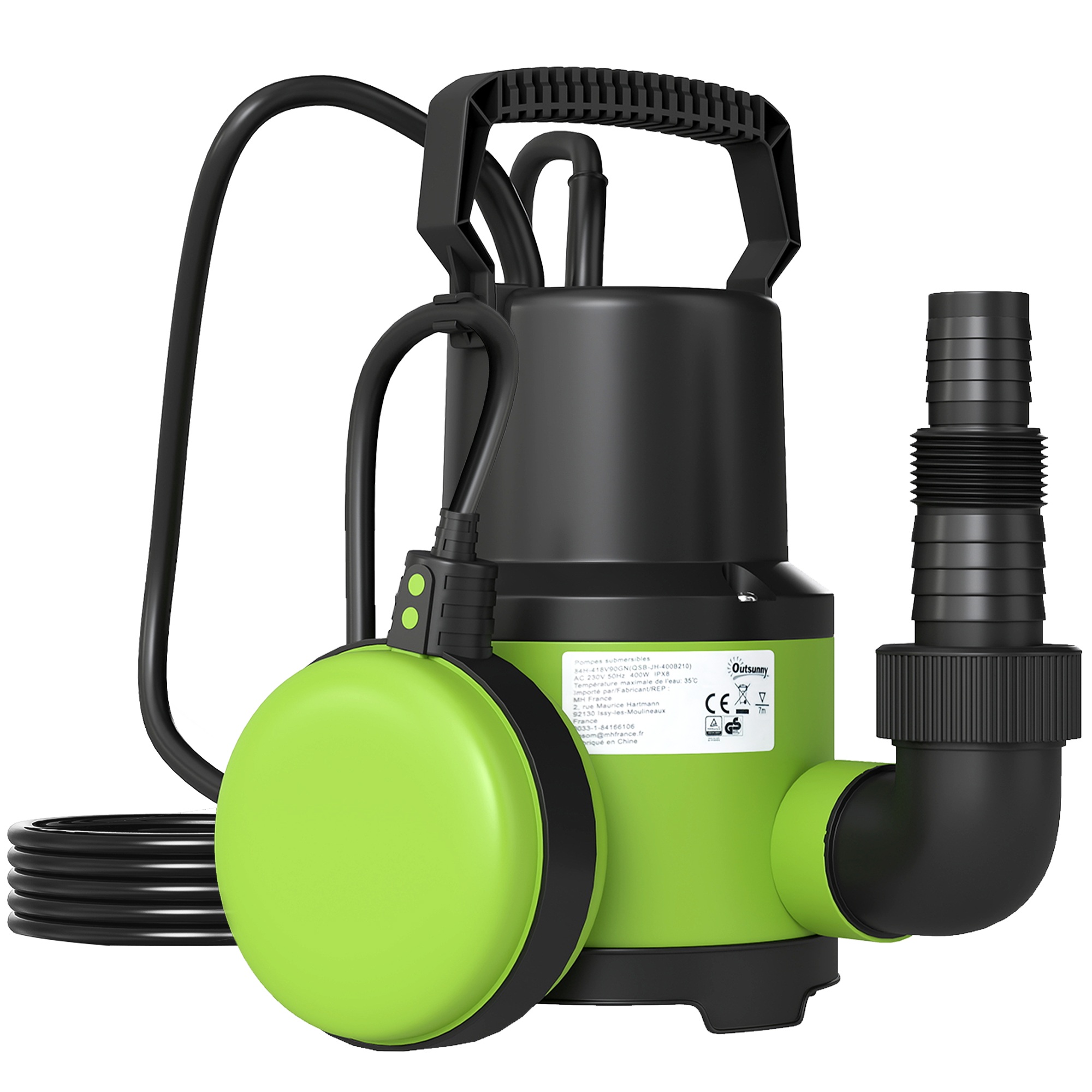 Sukeldatav pump, tiigipump, ujuklülitiga veepump, purskkaevupump, 400W, 9000L/h, 16 x 14 x 27 cm, roheline