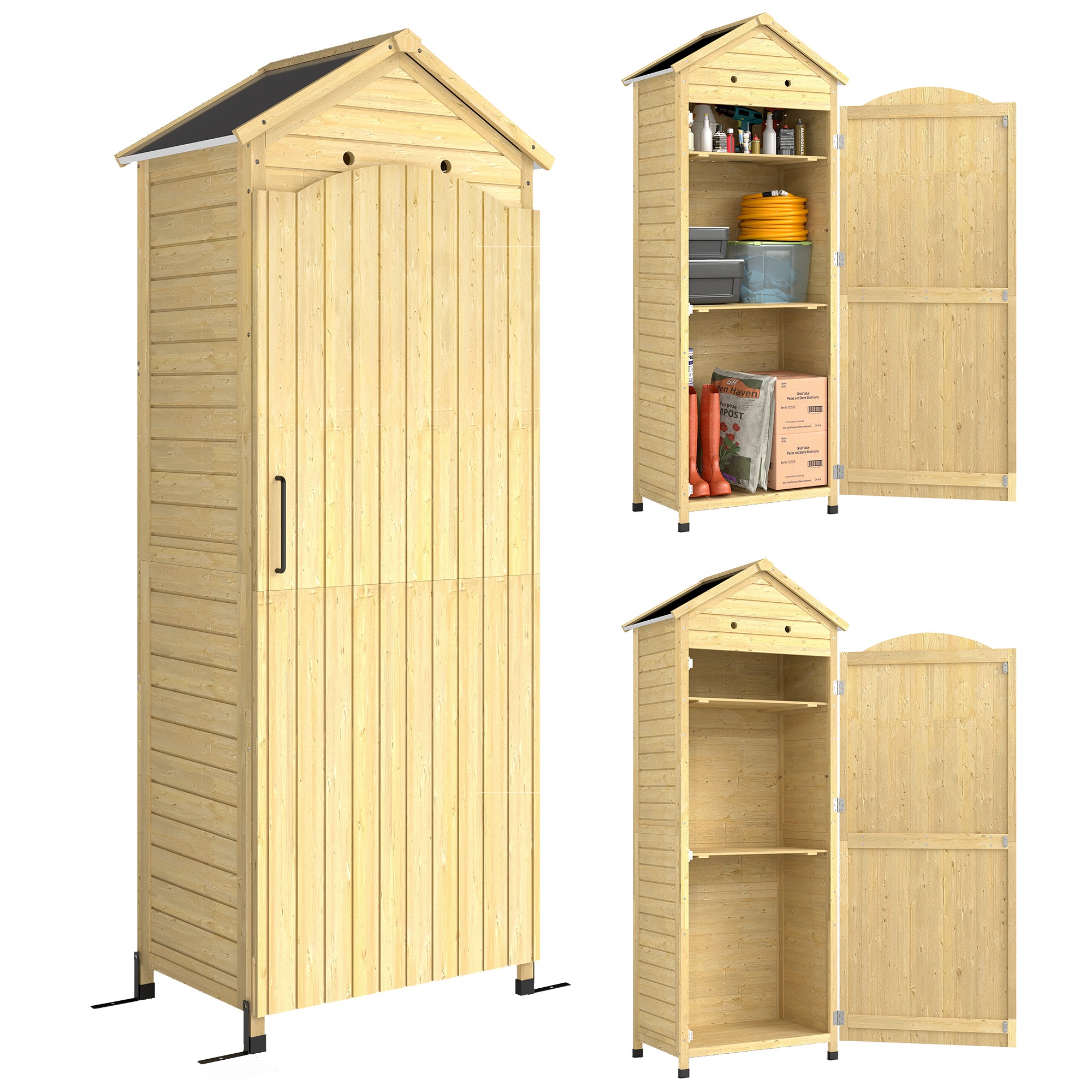 Puidust aiakapp reguleeritava riiuliga, magnetuksega, tsingitud katusega, ventilatsiooniga, 85x58x213 cm, naturaalne puit
