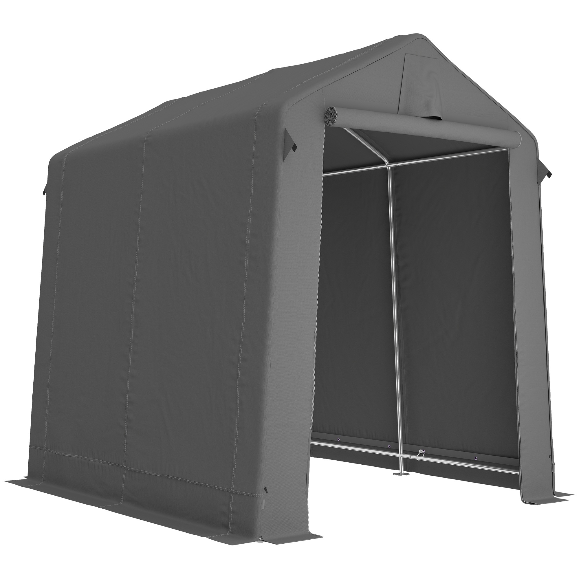 Garaažitelk 2,3 x 1,9 m, vetthülgav varustustelk rullumisvardaga, lukuga uks, ventilatsioon, viilkatus, tumehall