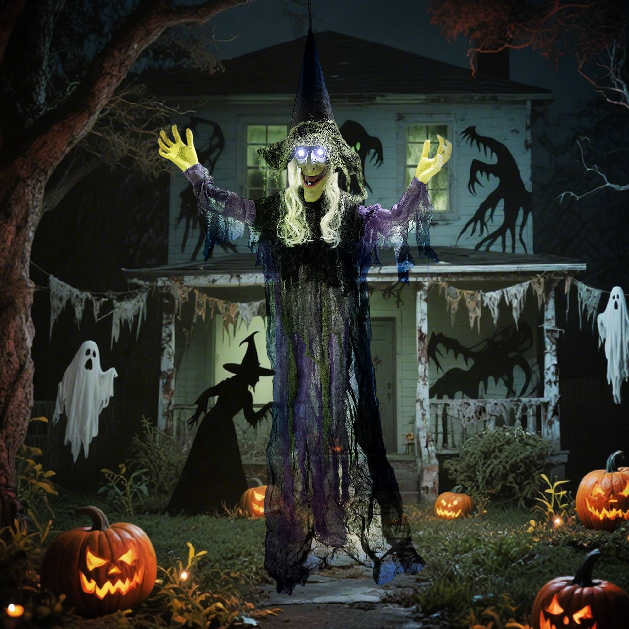 183 cm pikkune rippuv halloweeni kaunistus, LED-tuled, helifunktsioon, reguleeritavad käed ja suu