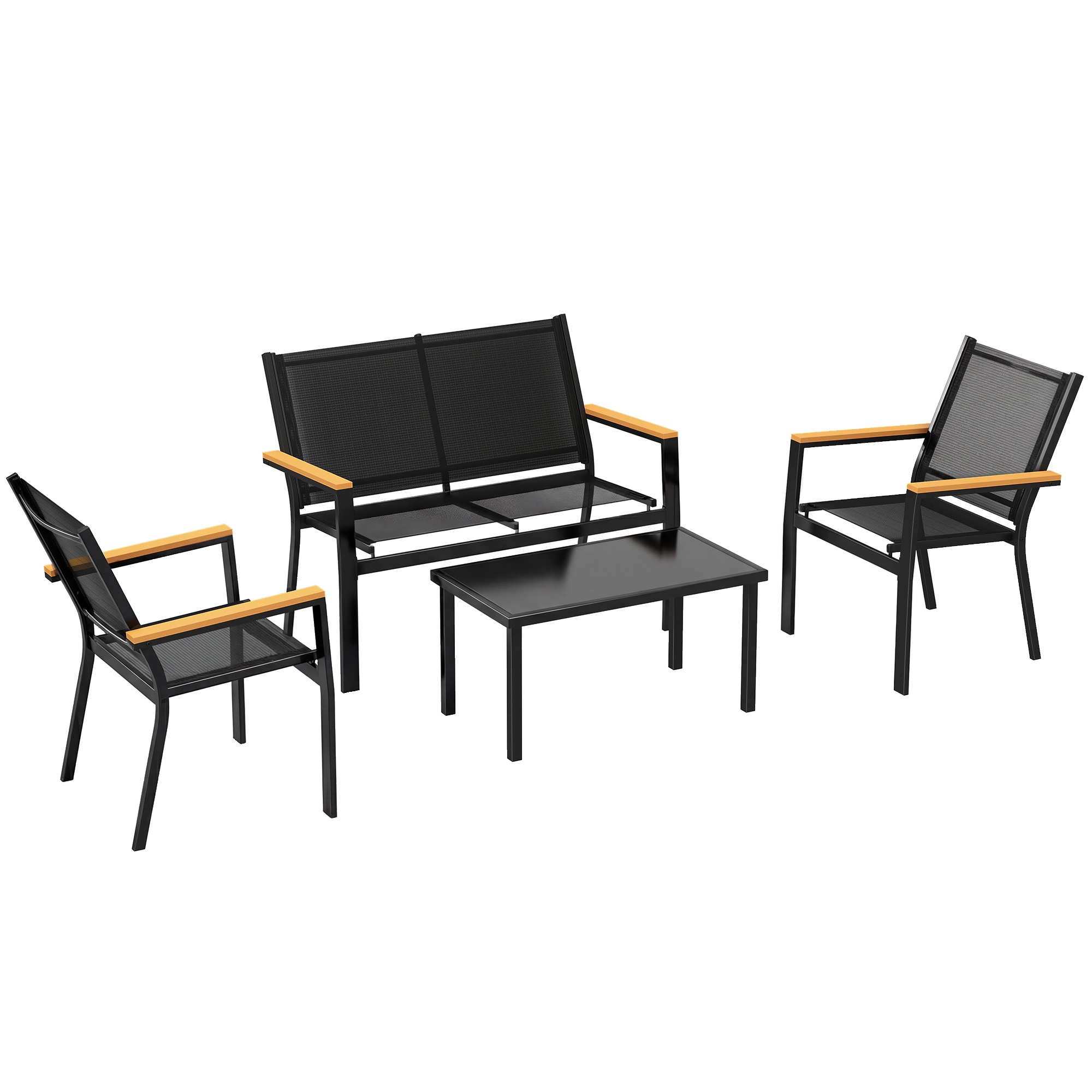 Metallist aiamööblikomplekt, istumisrühm 4 inimesele, aiamööbli tugitool 2-kohalise diivani, tooli ja abilauaga, 110x63,5x84 cm, must