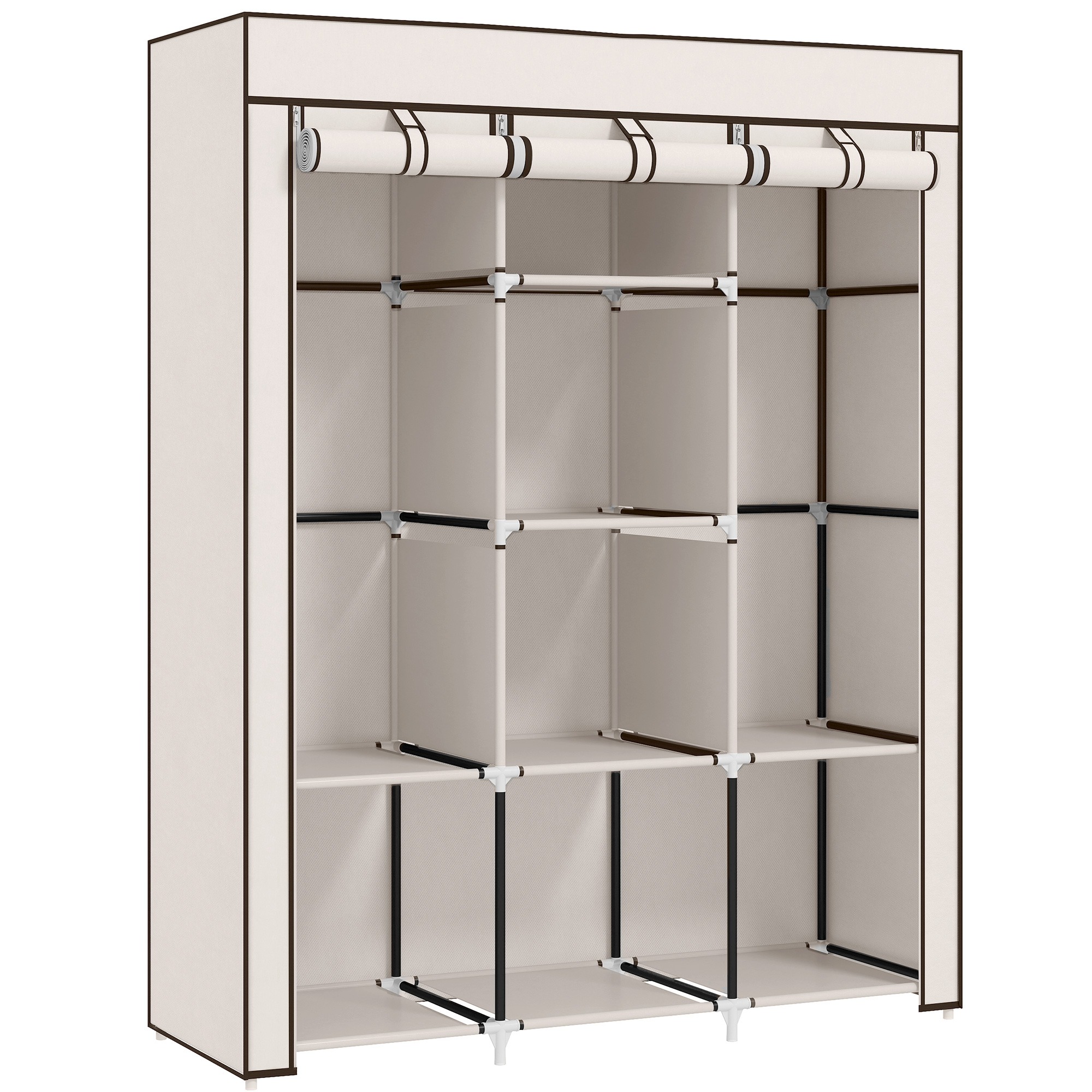 Riidest riidekapp, hoiulahendus, 8 riiulit, 2 riidepuutoru, kreemvalge