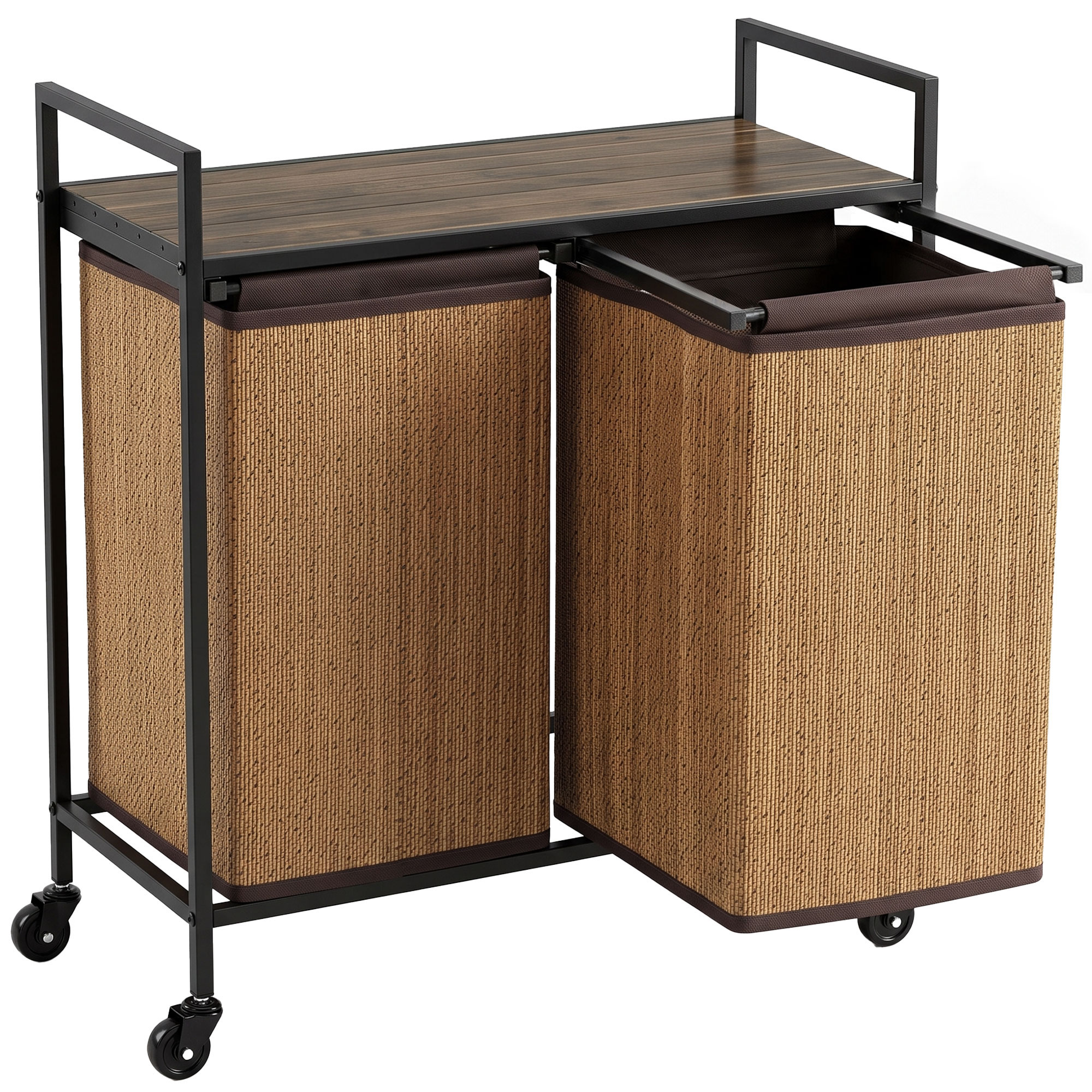 Bambusest pesukorv 2 sektsiooniga, 120 l pesukorv riiuliga, pesukast/kott, ratastel, 73x33x78 cm, pruun