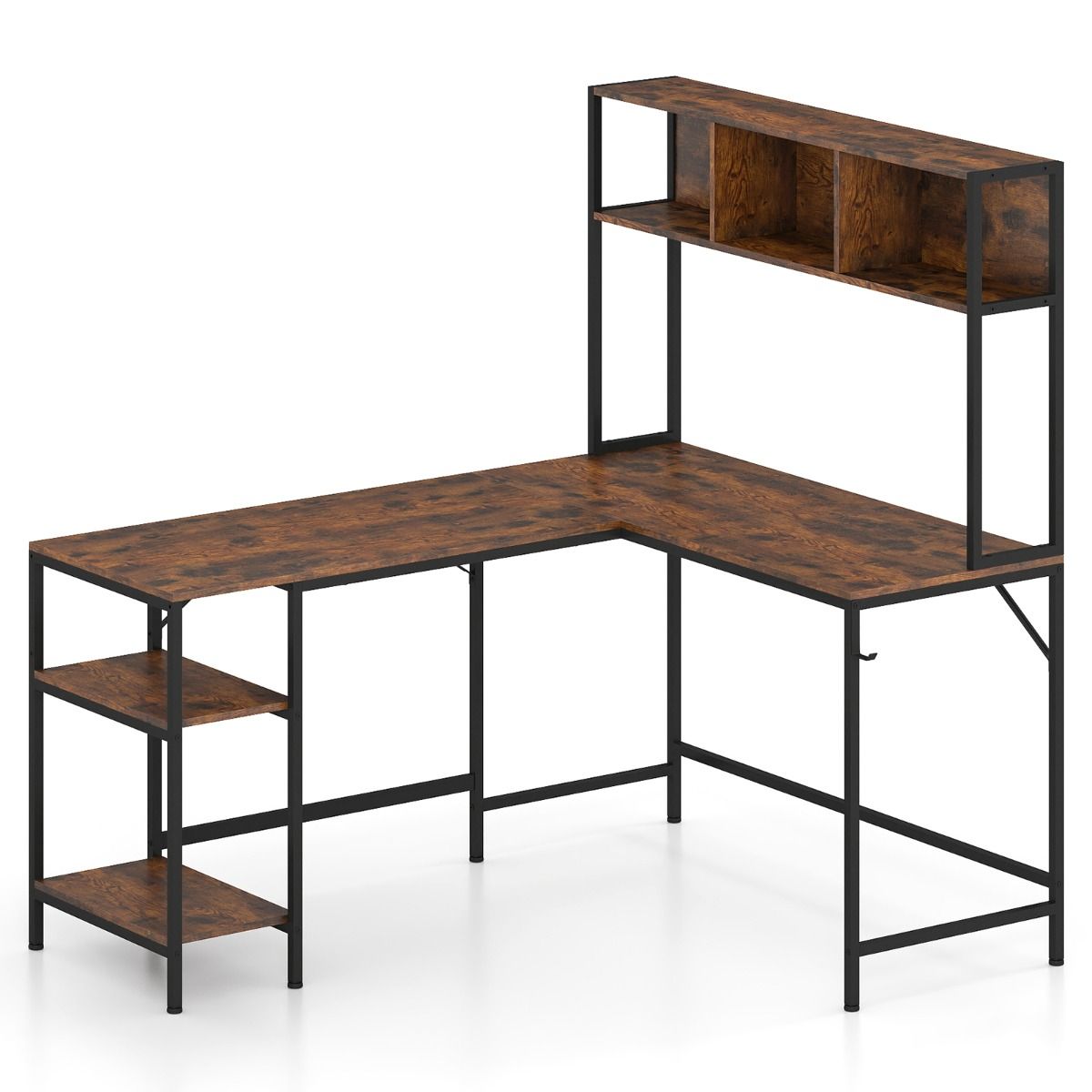 L-kujuline laud sahtliga, nurgaarvutilaud panipaikade ja kõrvaklappide konksudega, suur mängulaud, maalähedane pruun