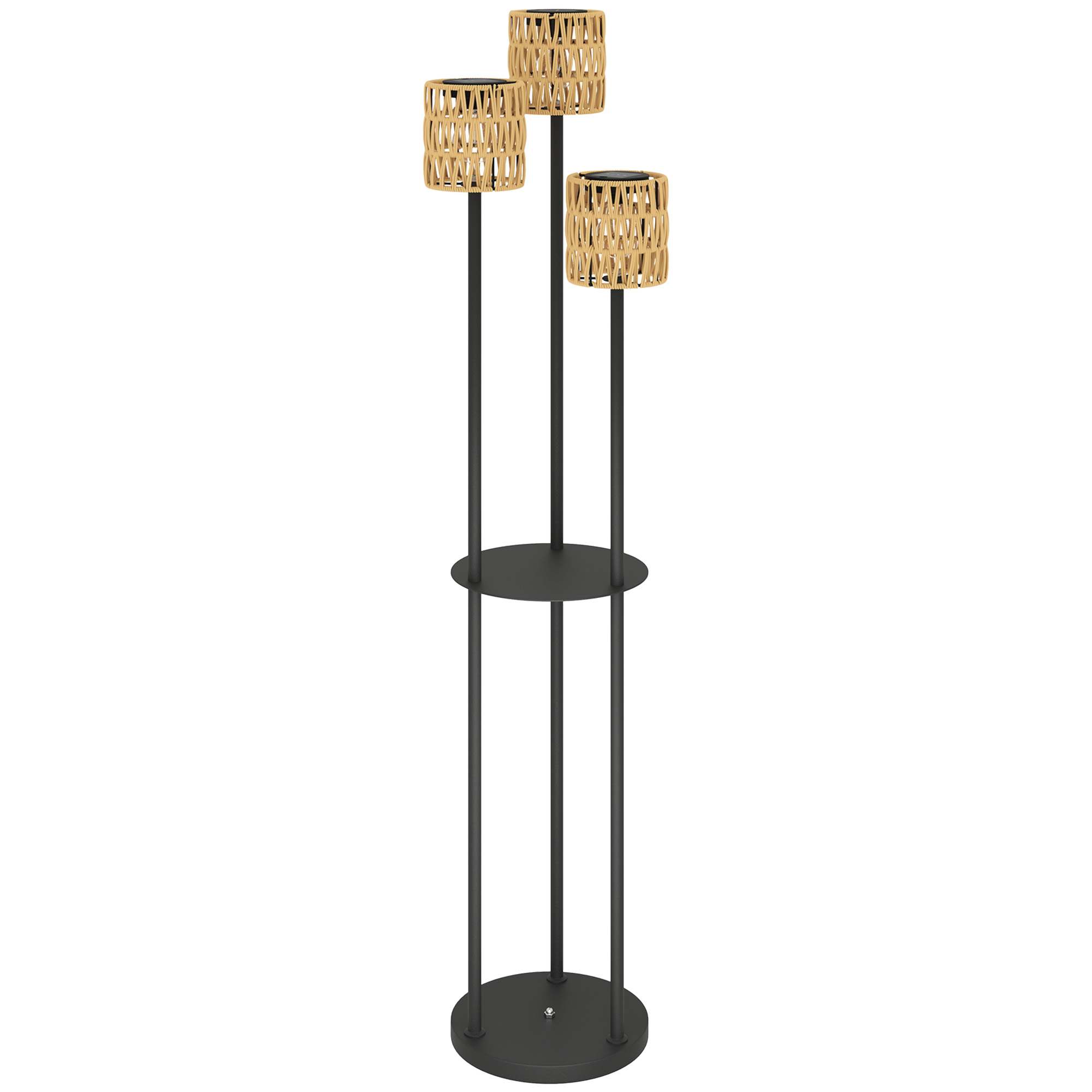 Päikeseenergial töötav põrandalamp, rotangist stiilis, päikeselambid valgussensoriga, 3 tuld, boheemlaslikus stiilis päikesevalgusti, IP44, Ø37 x 144K cm