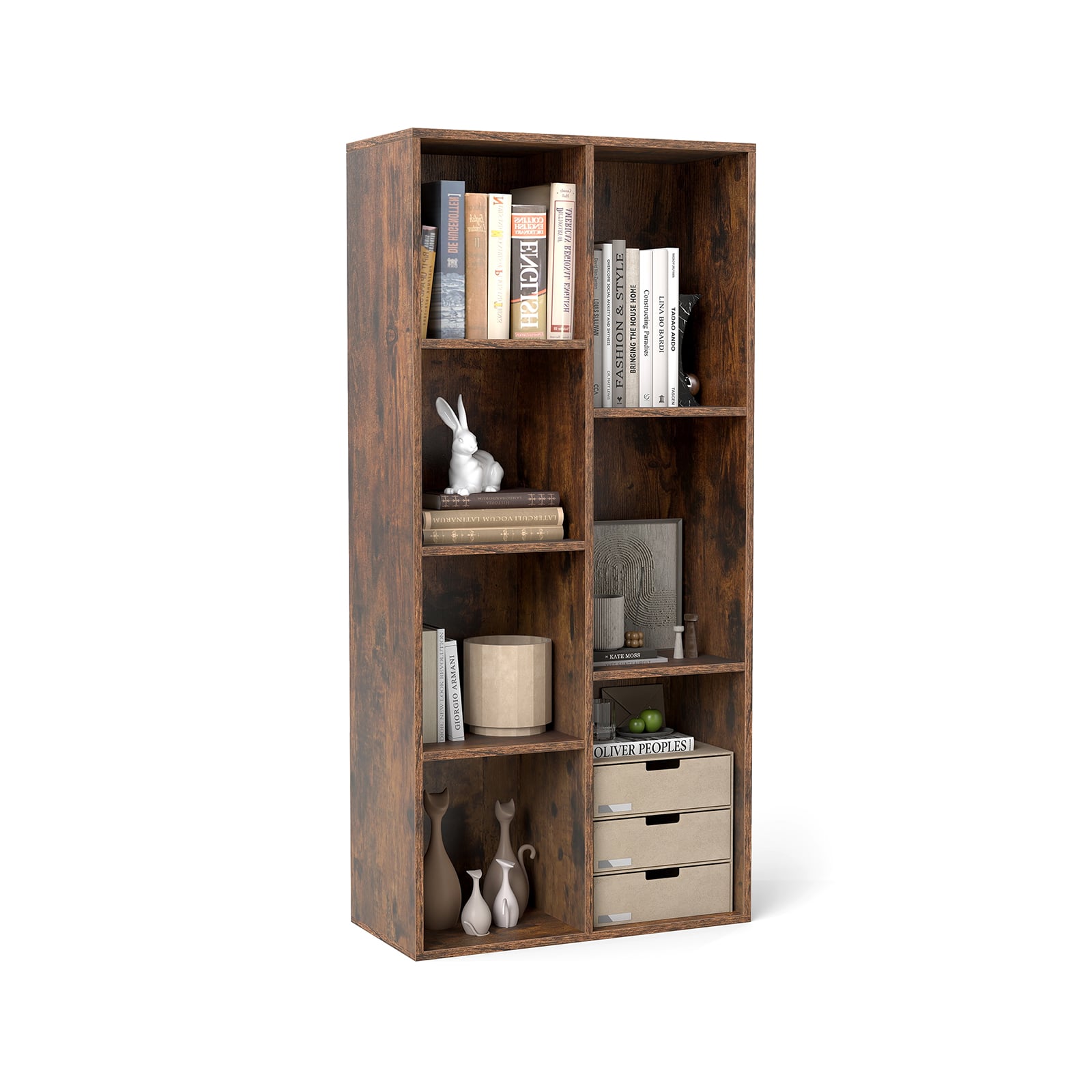 7-kuubiline raamaturiiul, eraldiseisev kuubiline riiul, vertikaalne või horisontaalne, 7 sektsiooniga, hoiuriiul, maalähedane pruun