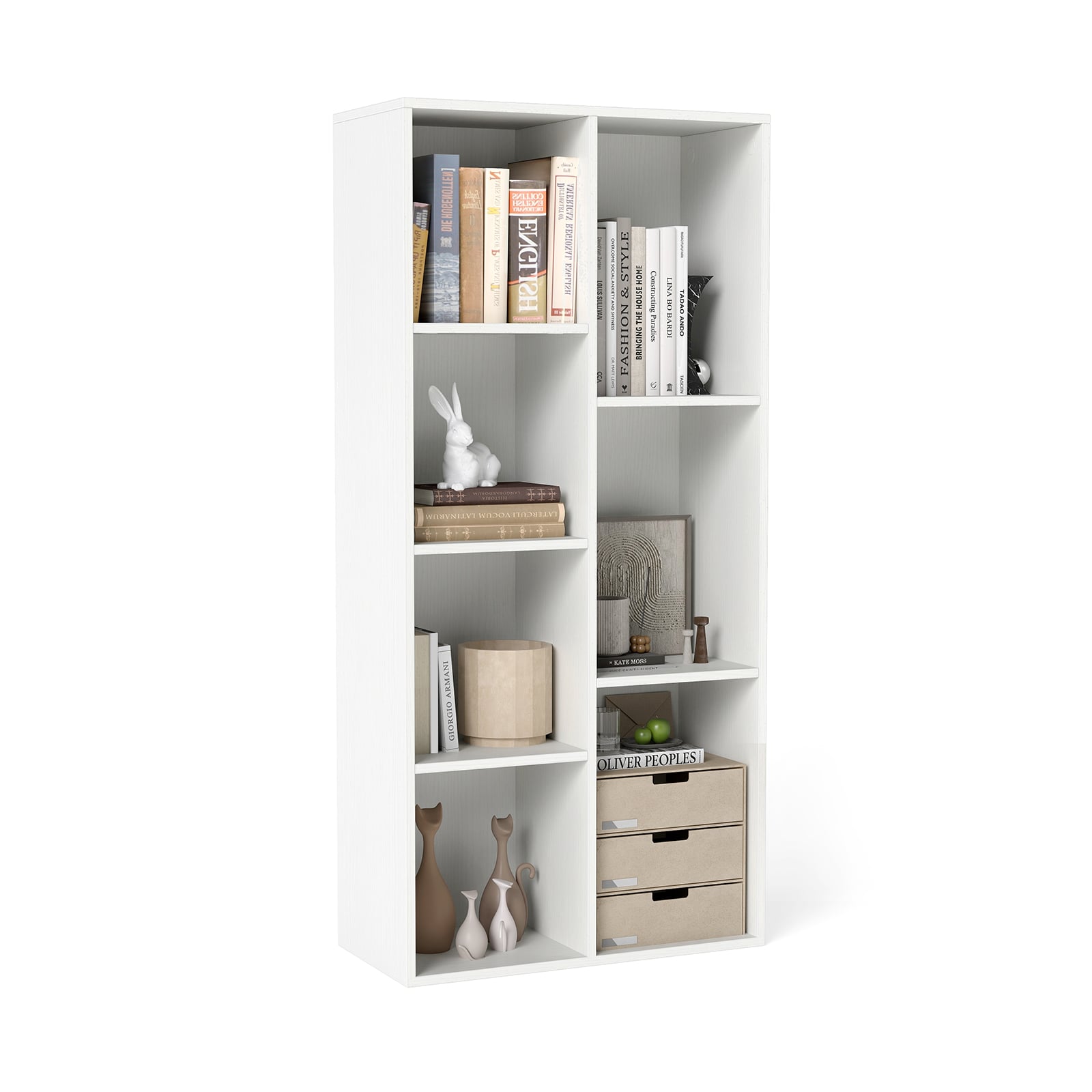 7-kuubiline raamaturiiul, eraldiseisev kuubiline riiul, vertikaalne või horisontaalne, 7 sektsiooniga, hoiuriiul, valge