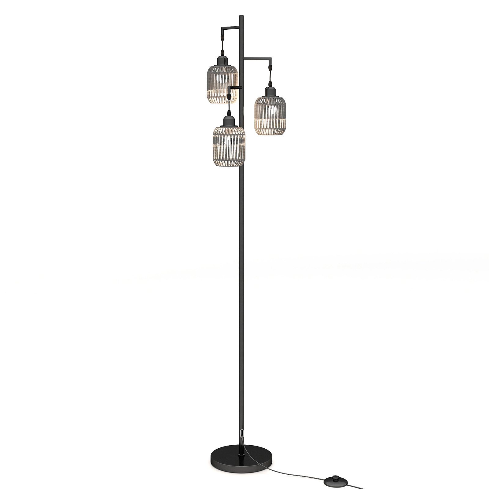 Kolme käsitsi põimitud paberist kupliga põrandalamp, stabiilse ümmarguse metallalusega elutoa valgusti (kõrgus 173 cm, 60W), must