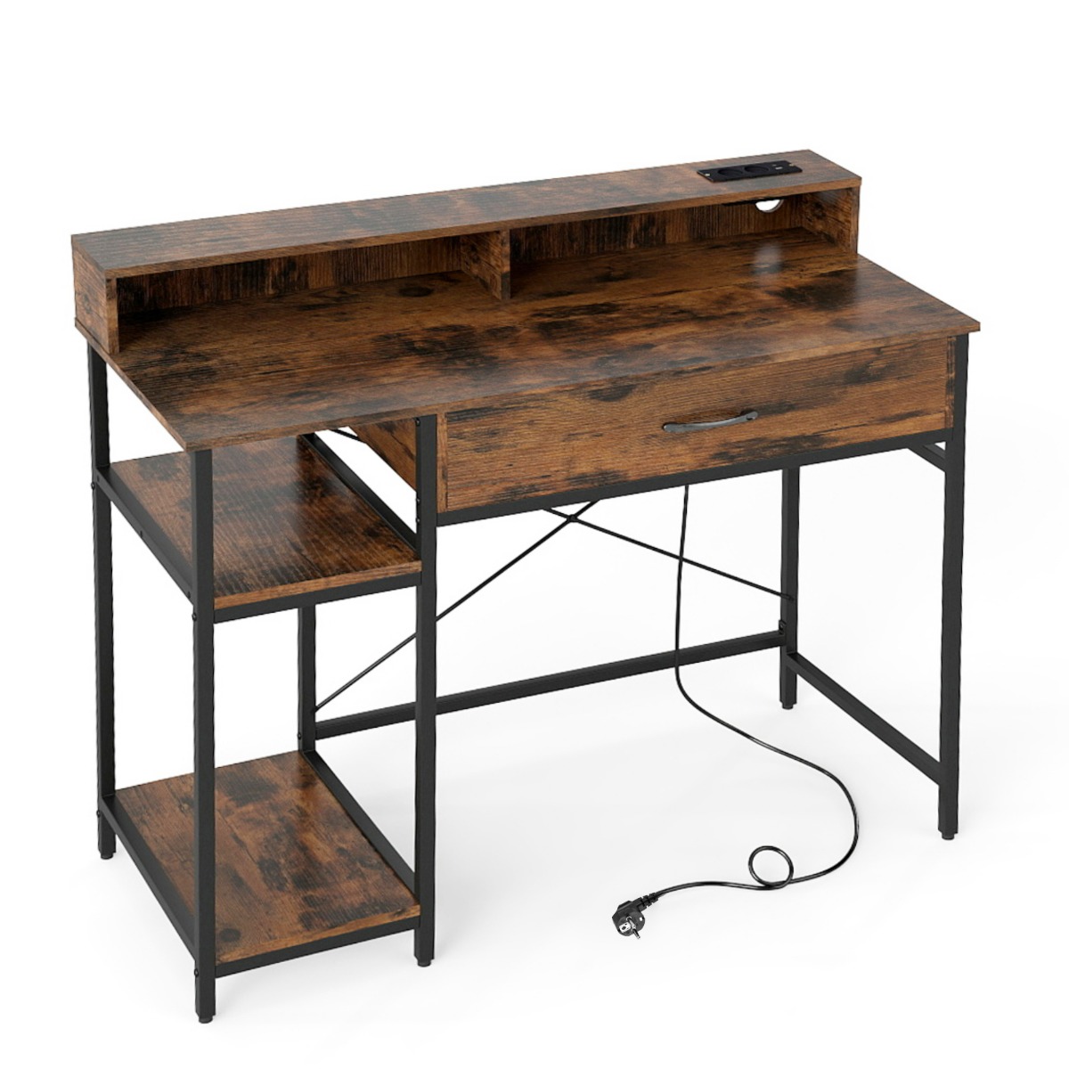 Arvutilaud ülemise riiuli, sahtli ja kahetasandilise riiuliga; Kirjutus- ja õppelaud vastupidava pruuni metallraamiga