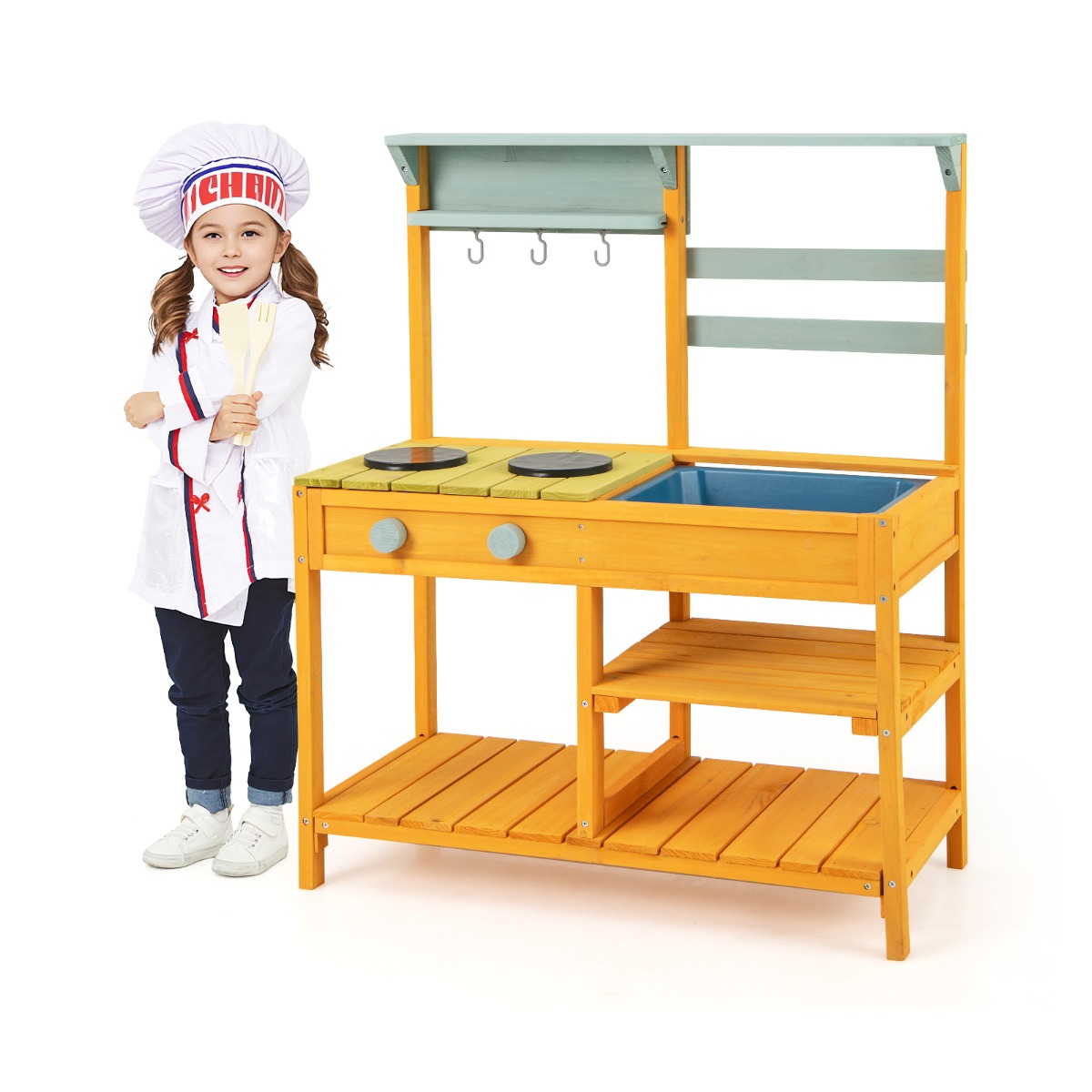 Mänguköök lastele kuusepuidust koos pliidi pöördnuppude ja kollase kraanikausiga