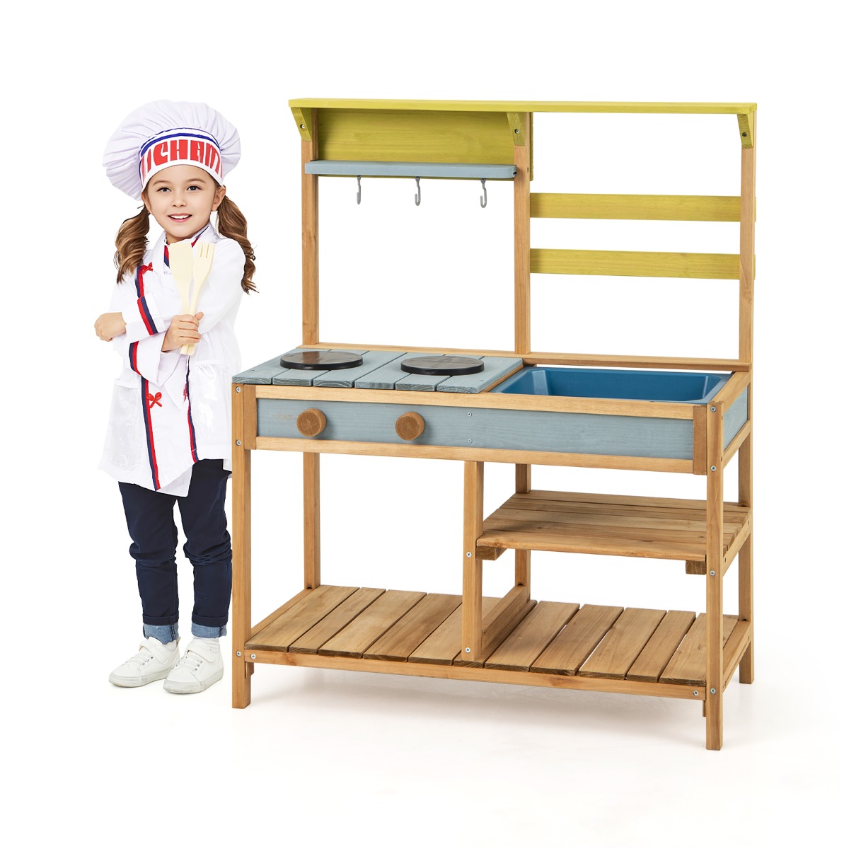 Mänguköök lastele kuusepuidust koos pliidi pöördnuppude ja kraanikausiga naturaalne