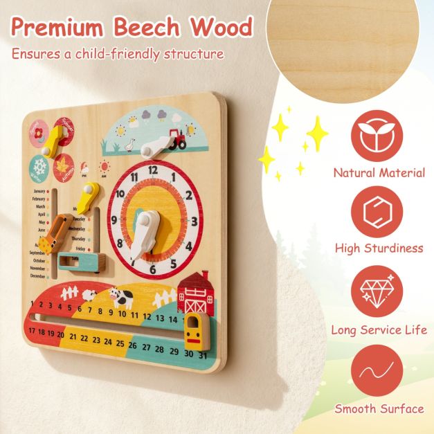 Montessori puidust õppekell ja hariv lastekalender igapäevane interaktiivne tegevus- ja ajaplaneerimise mänguasi