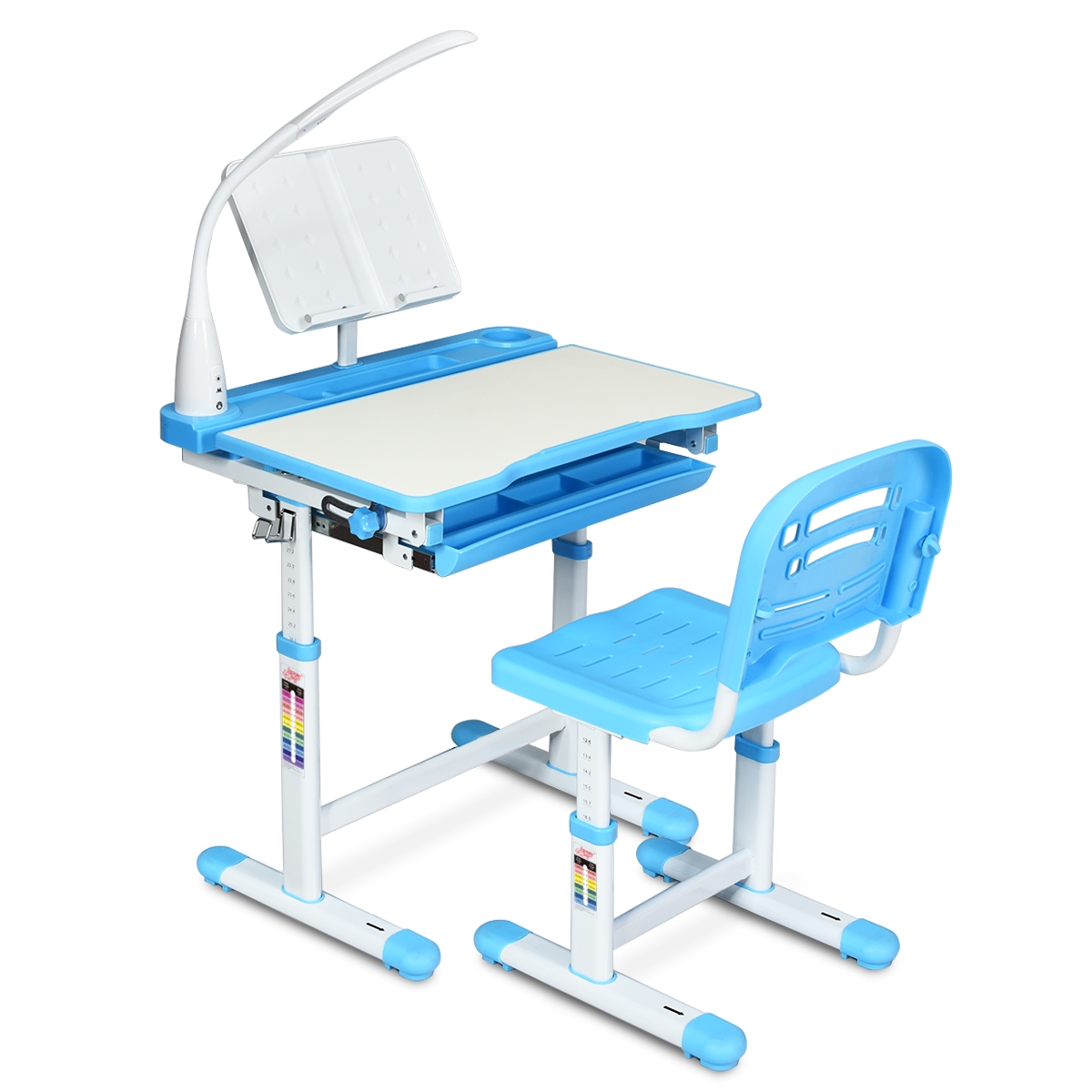 Laste laud, reguleeritava kaldega, õpilaslaud lambi ja tooliga, värvivalik-sinine