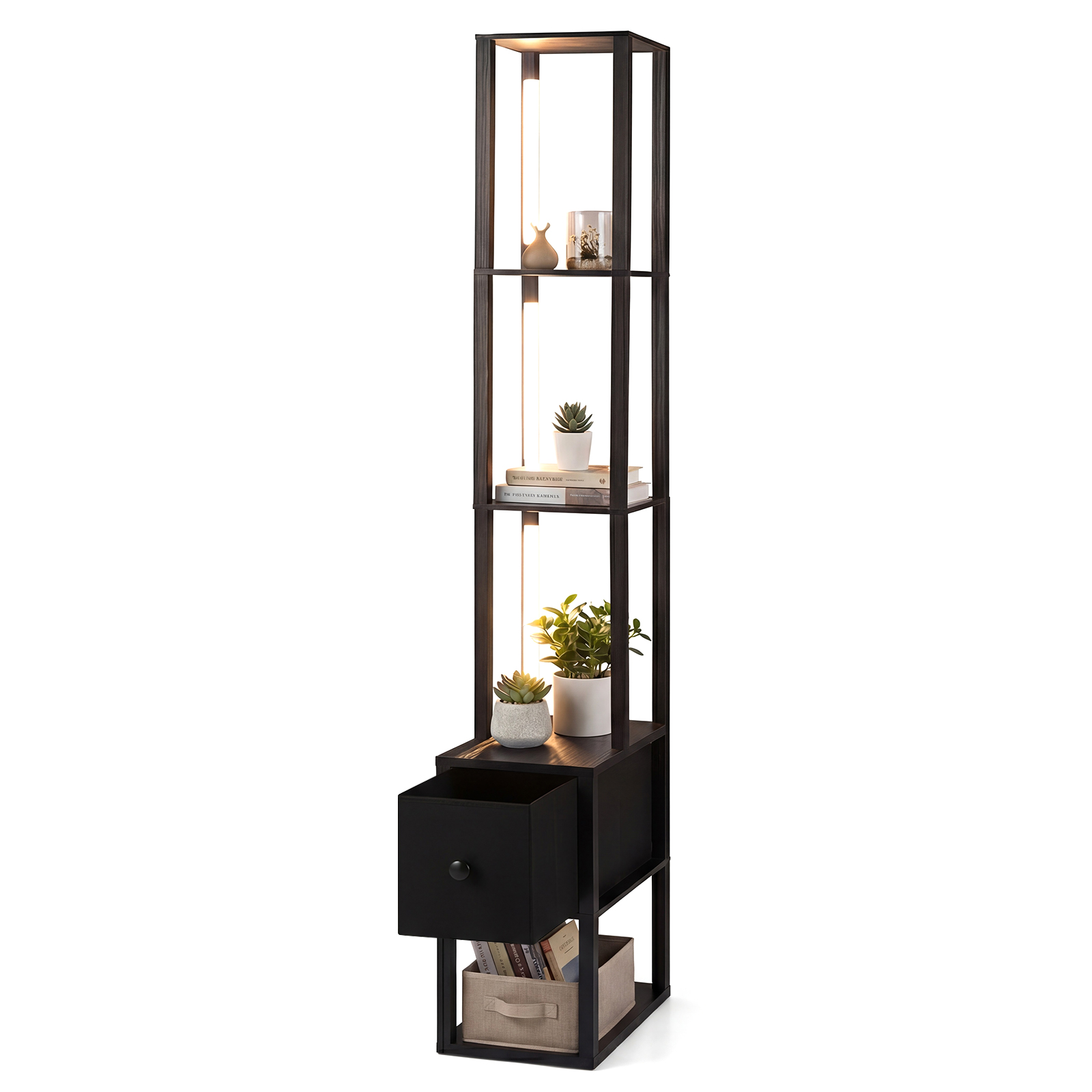 Integreeritud diivani-abilauaga kaasaegne põrandalamp, reguleeritava heledusega funktsionaalne elutoavalgusti (43,5 x 26,5 x 169 cm), must