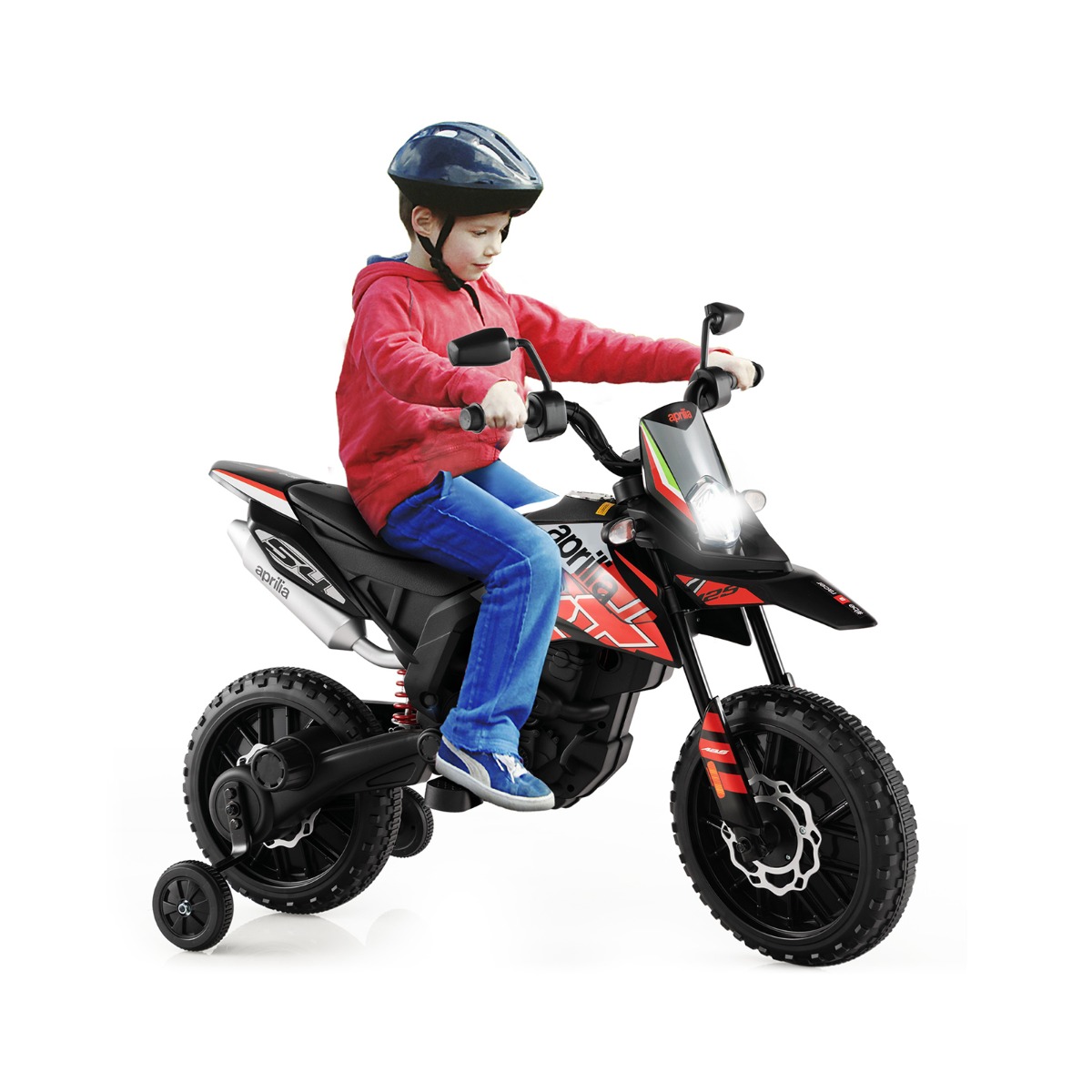 Litsentseeritud Aprilia 12 V laste elektri-mootorratas stabiilsete abiratastega, punane
