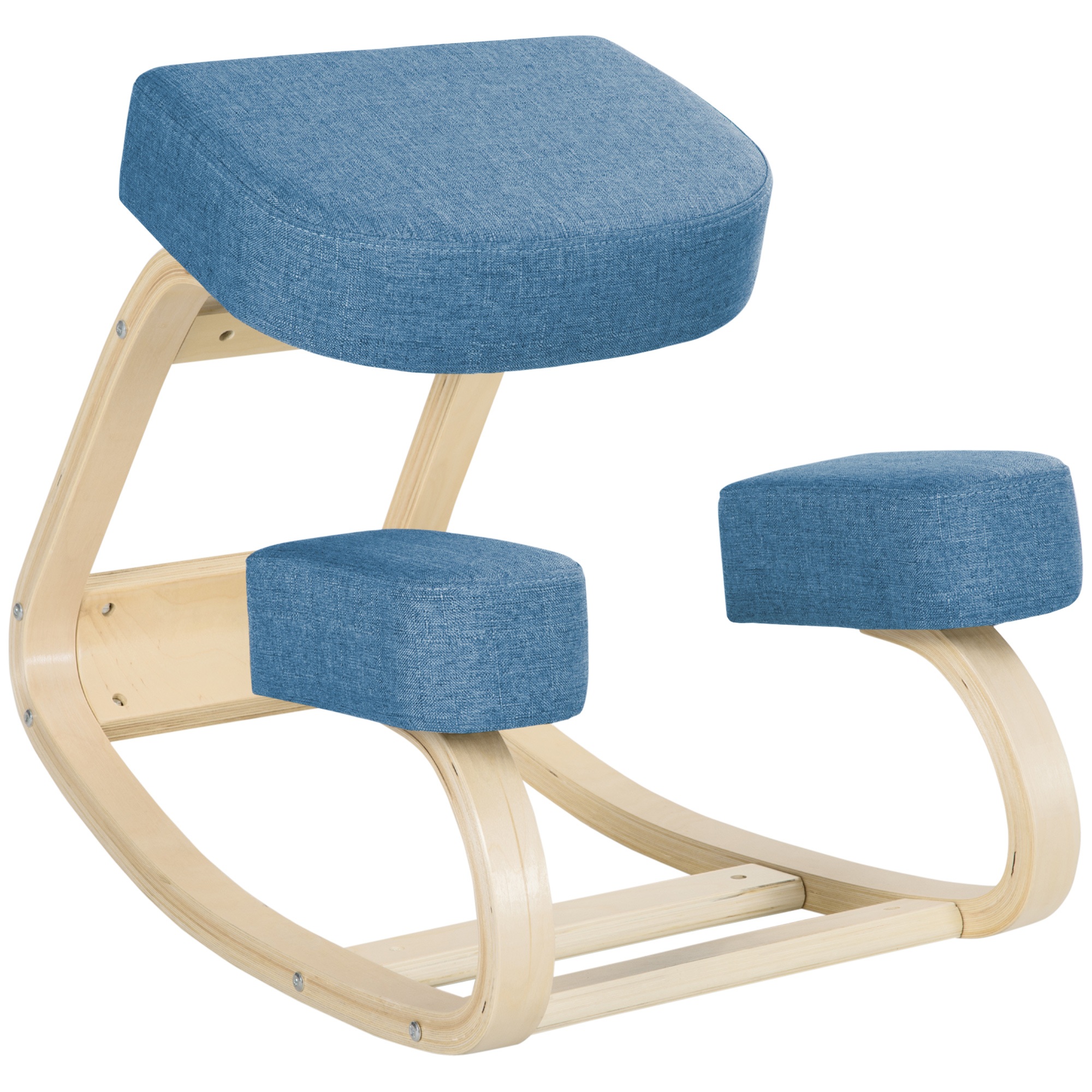 Põlvitustooli, ergonoomiline taburet, polsterdatud taburet tervisliku rühi jaoks, kasepuit, kandevõime 120 kg, sinine