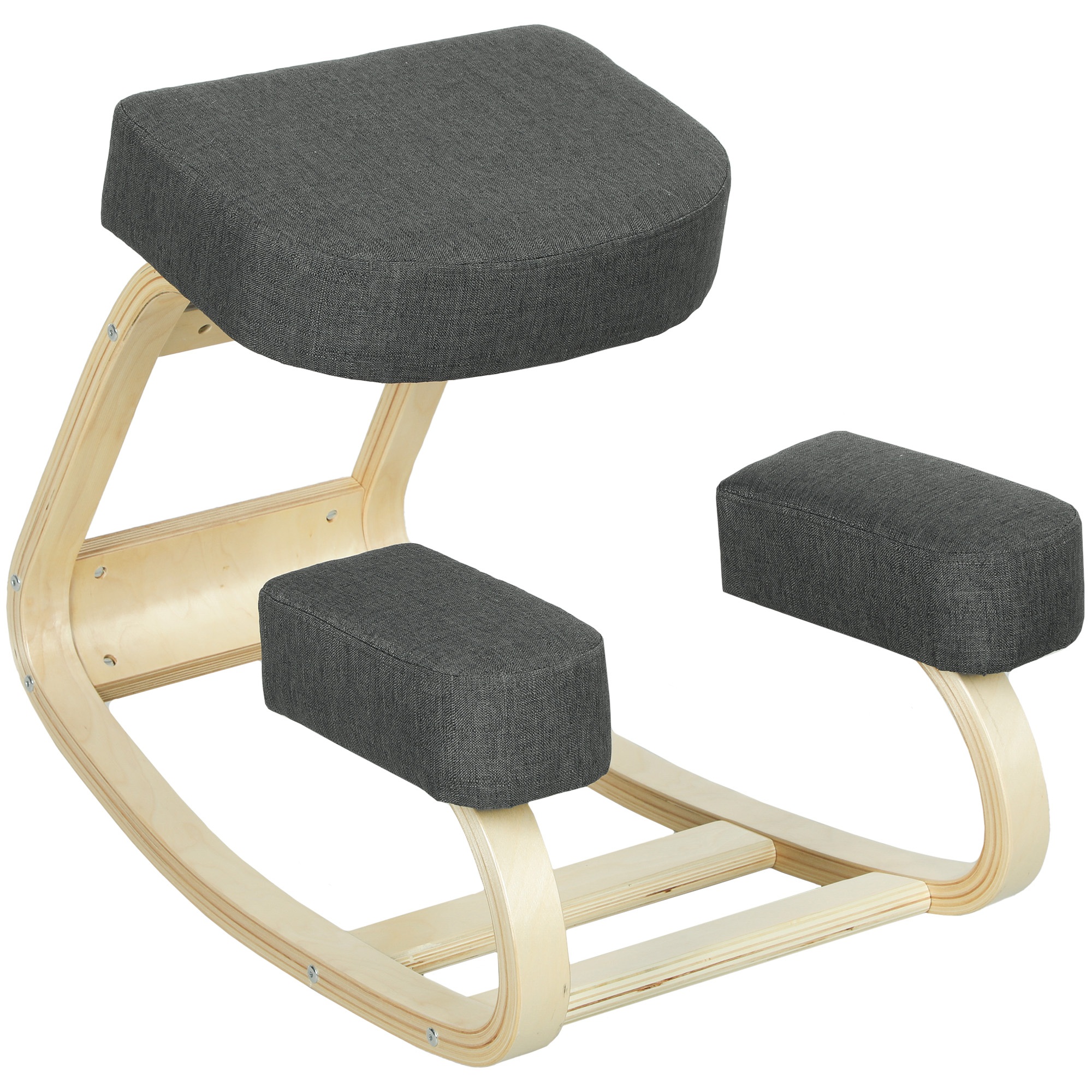 Põlvitustooli, ergonoomiline taburet, polsterdatud taburet tervisliku rühi jaoks, kasepuit, kandevõime 120 kg, tumehall