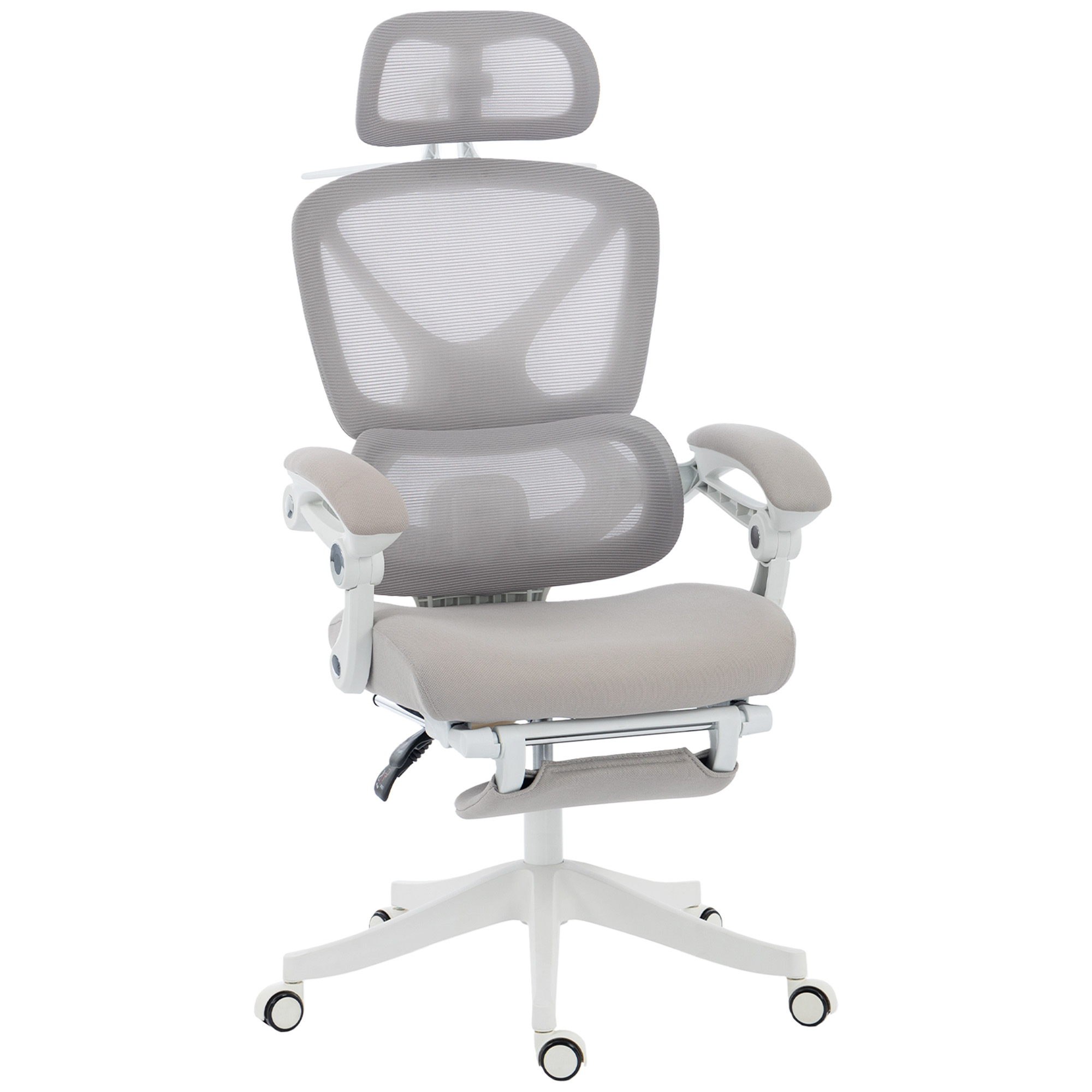Kontoritool, ergonoomiline lauatool jalatoega, kiikfunktsioon, käetoed, võrkkangas, hall