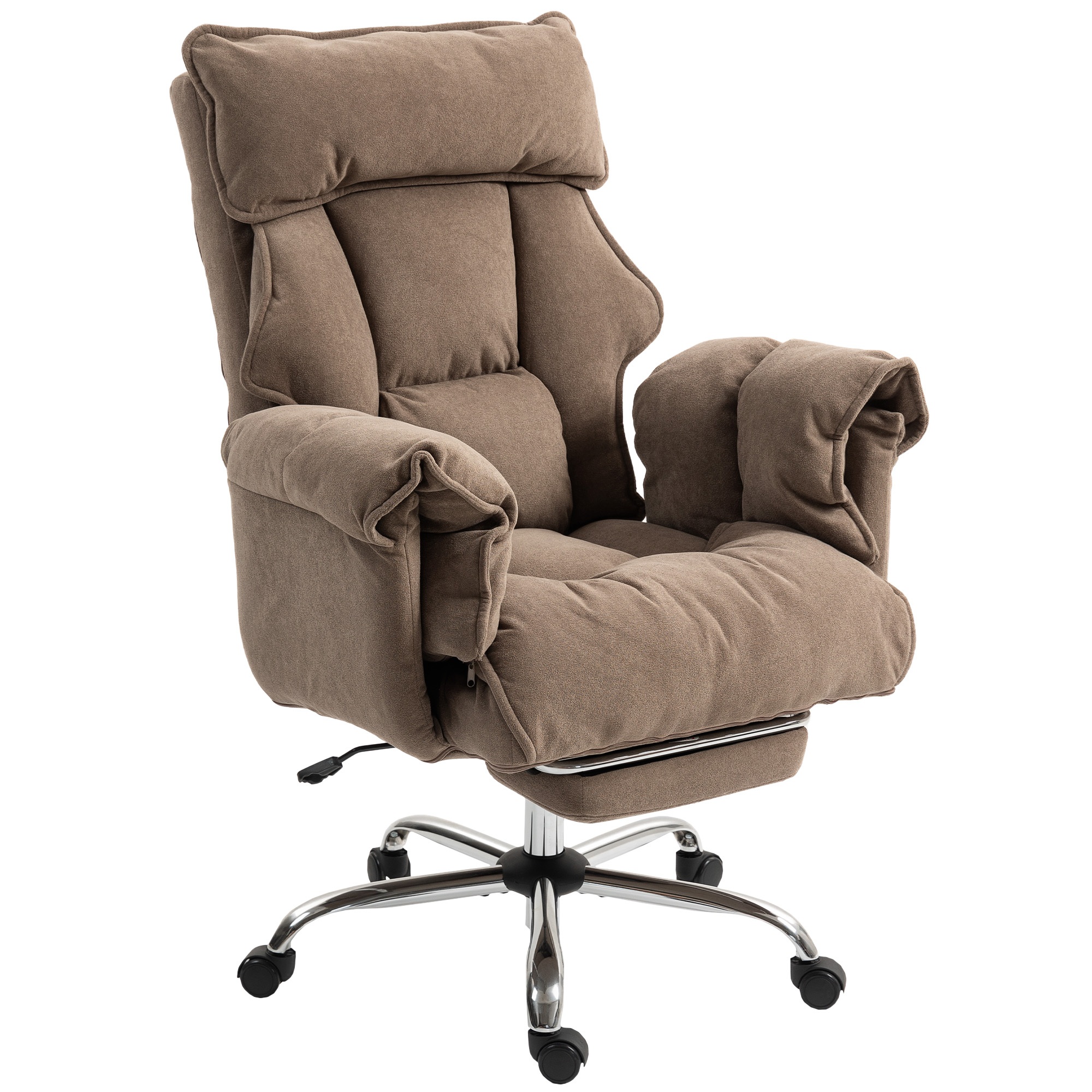 Ergonoomiline kontoritool, lamav seljatugi, jalatugi, pehme kangas, helepruun