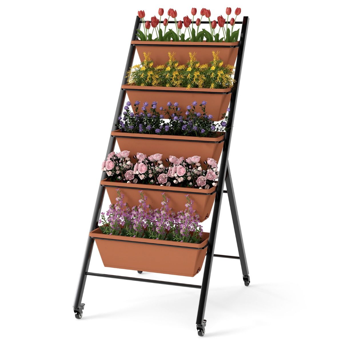 5-korruseline vertikaalne kõrgpeenar ratastega lillepeenar istutuskastidega lillekast