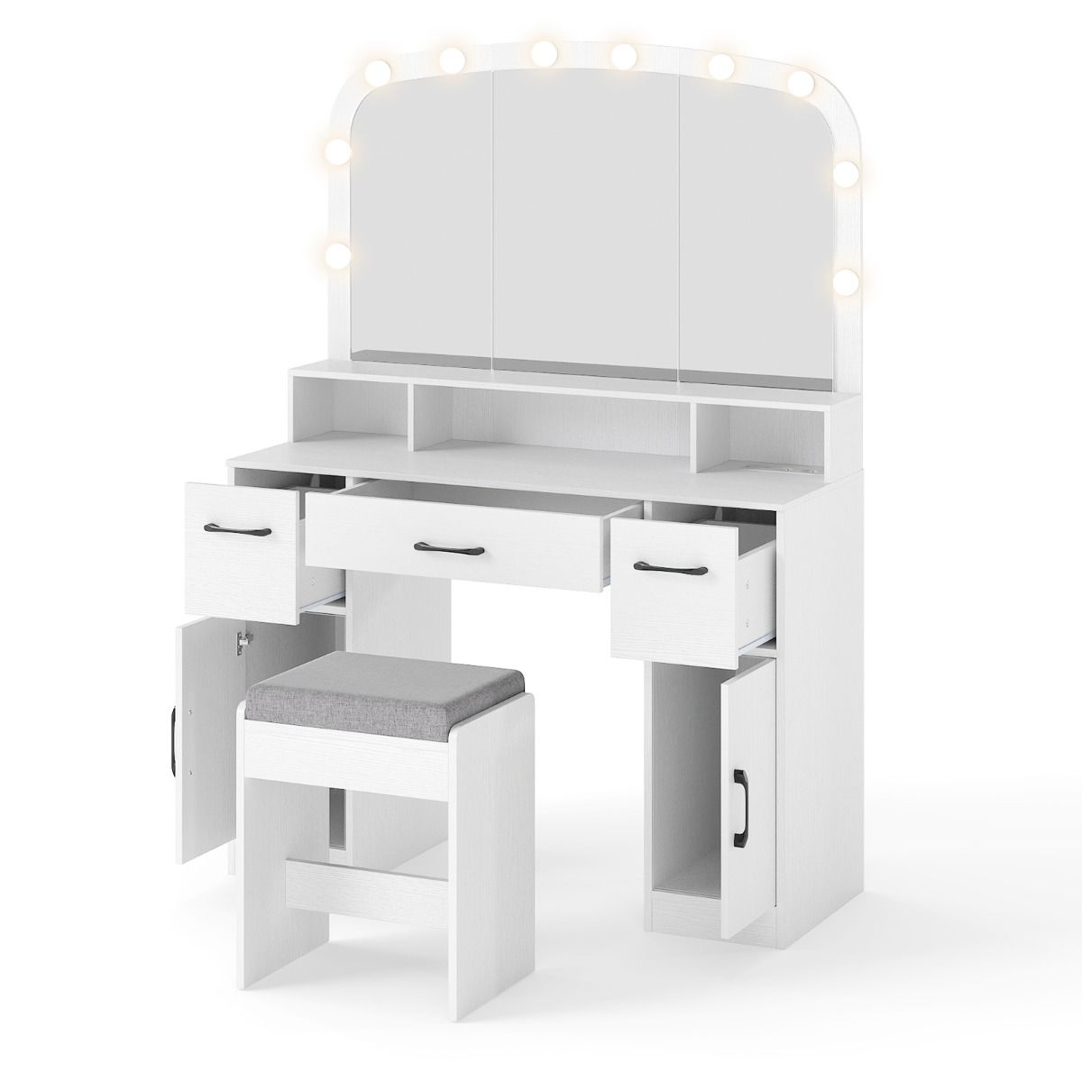 Tualettlaud meigitooliga, 3-värvilise LED-peegli ja laadimisjaamaga, valge