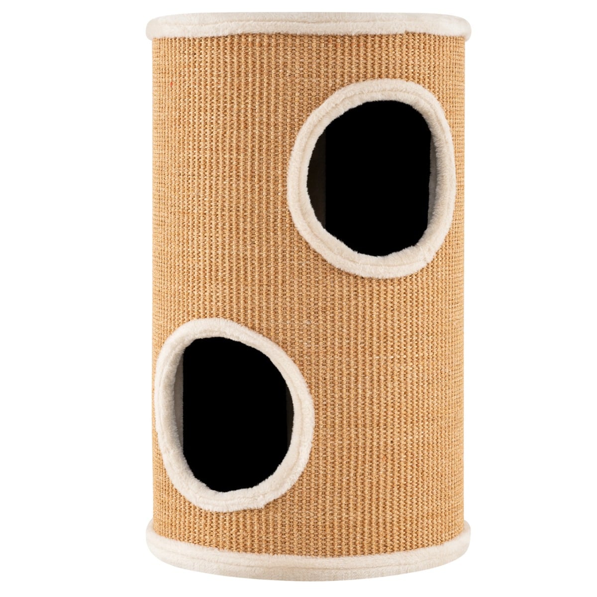 Kolme sisemise hubase koopa, sisal-kraapimislaua ja pehme plüüsist ülemise voodiga ümmargune kraapimisturn (ø 36 cm), beež