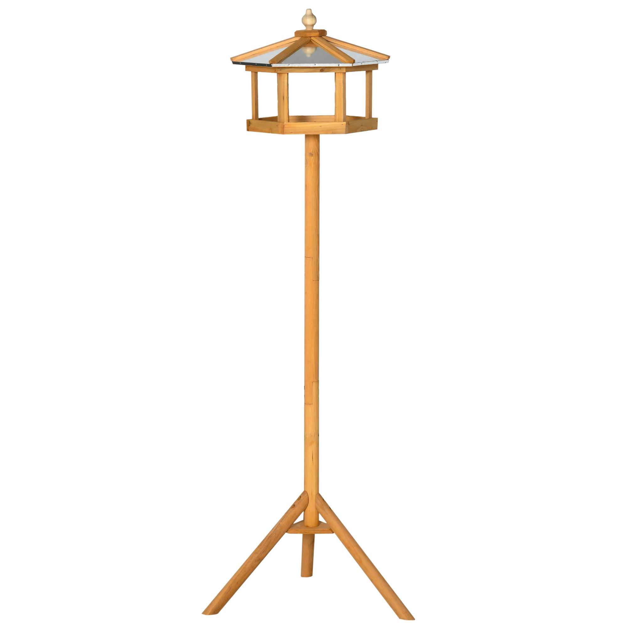 Linnumaja alusega, puidust lindude söögimaja platvormiga, kaldus metallkatus, Ø57,7 x 153K cm, naturaalne puit