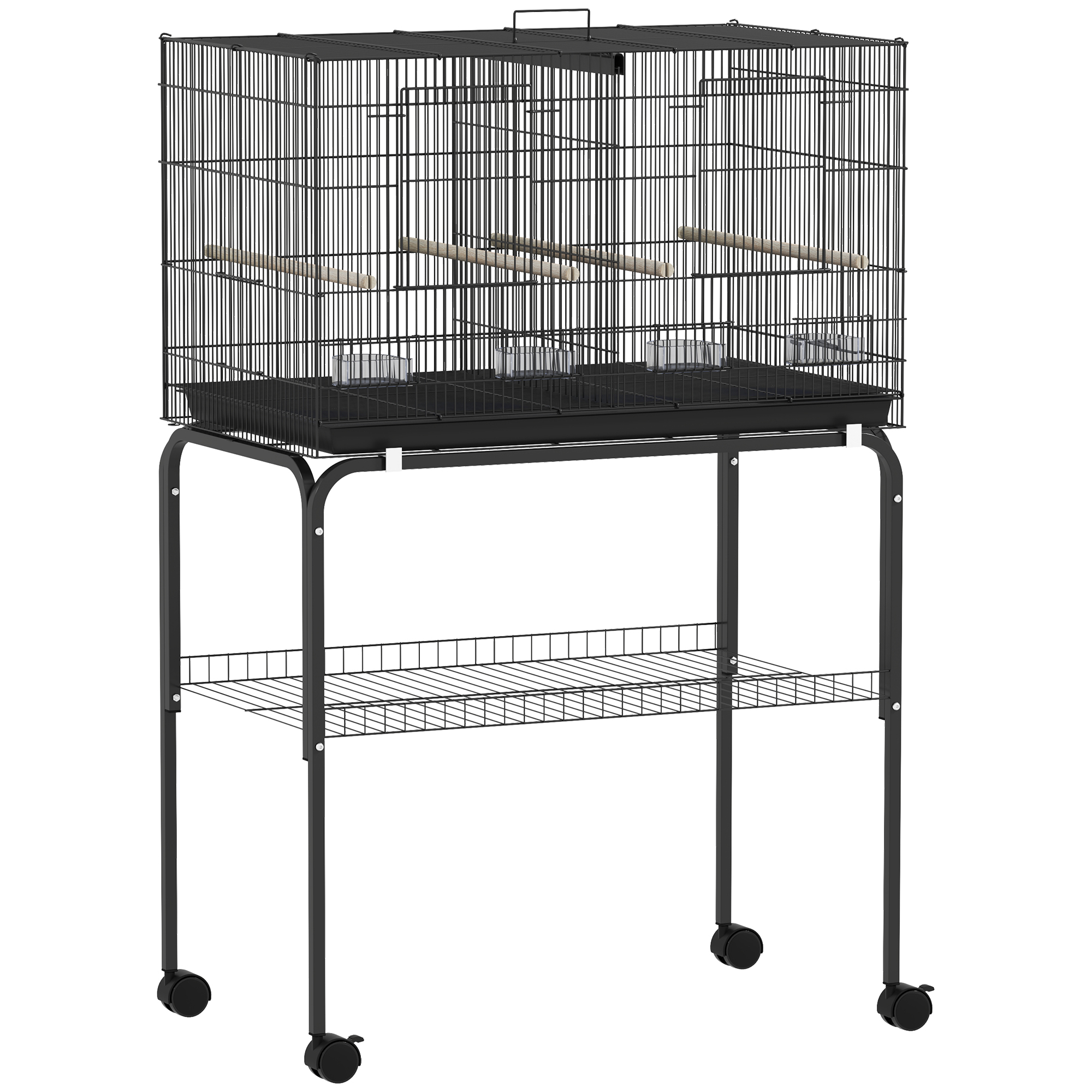 Linnupuur, ratastega linnumaja, 2 ust, 4 õrre, panipaik, metallist linnumaja 76x46x116cm, must