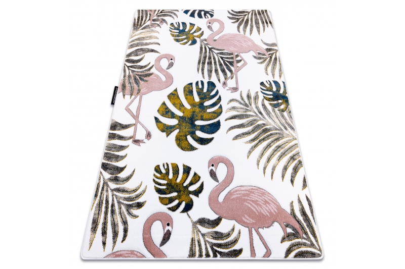 Mängurada flamingo- ja lehemustriga vaip – kreemikas