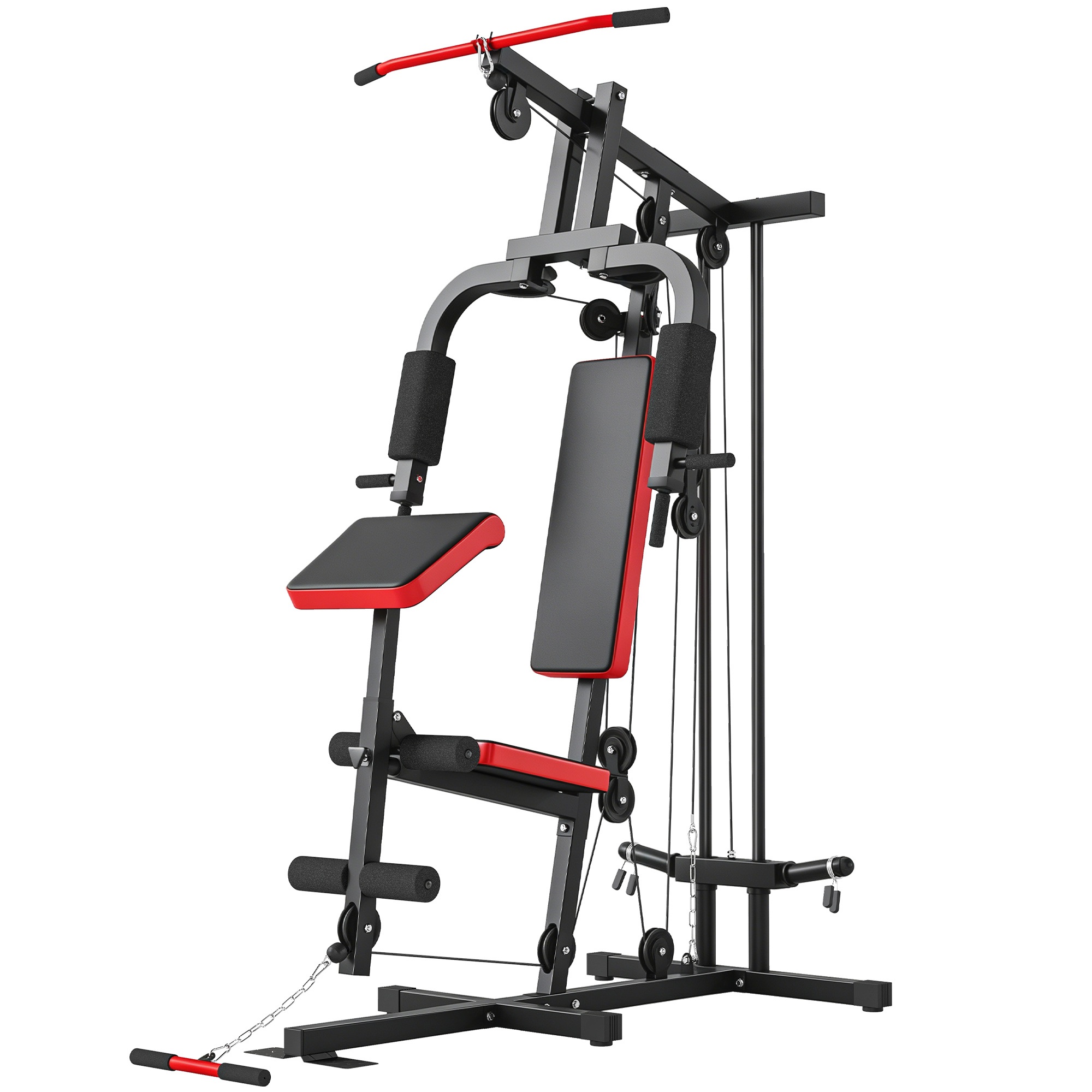 Jõutreeningjaam koos lat-pulldown'i, liblikkangiga, reguleeritava jutlustaja pingiga, jalgade trenažööriga, kuni 120 kg, must+punane