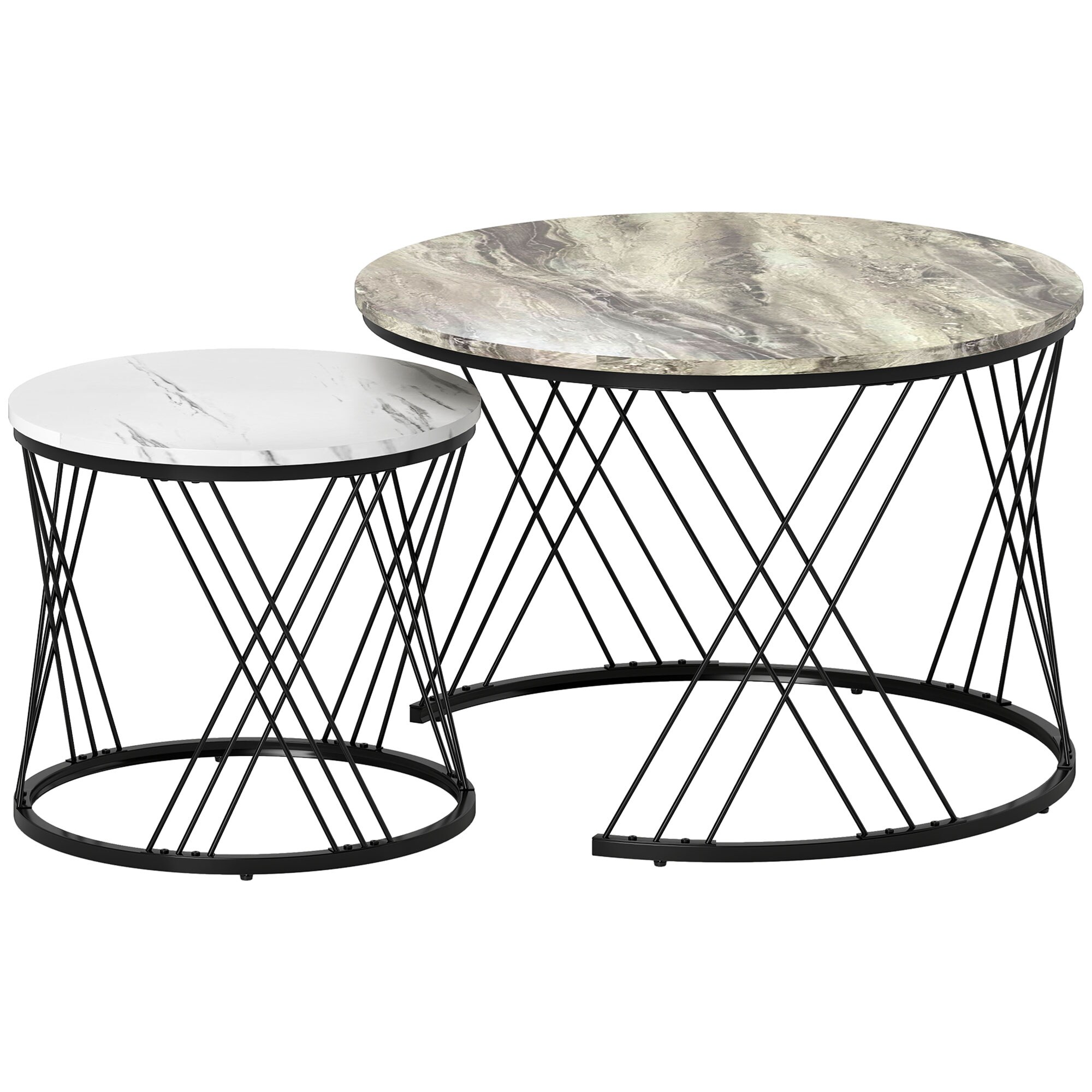 Kohvilauad 2-osalise komplektiga, marmori imitatsioon, puitlaastplaat, metall, ümmargused diivanilauad elutuppa, virnastatavad, hall+valge