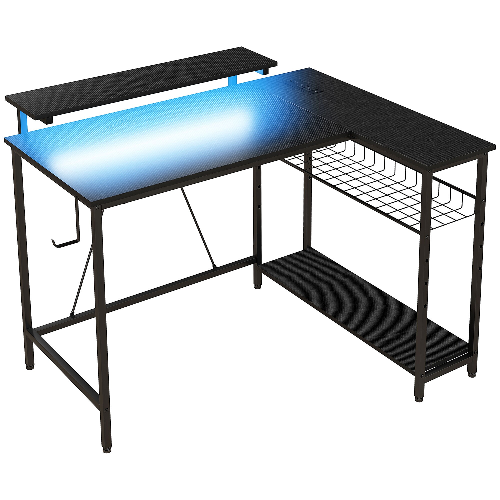 L-kujuline laud LED-valgustusega, pistikupesade, USB-portidega, pööratav arvutilaud riiuliga, 107 x 80 x 90 cm, must