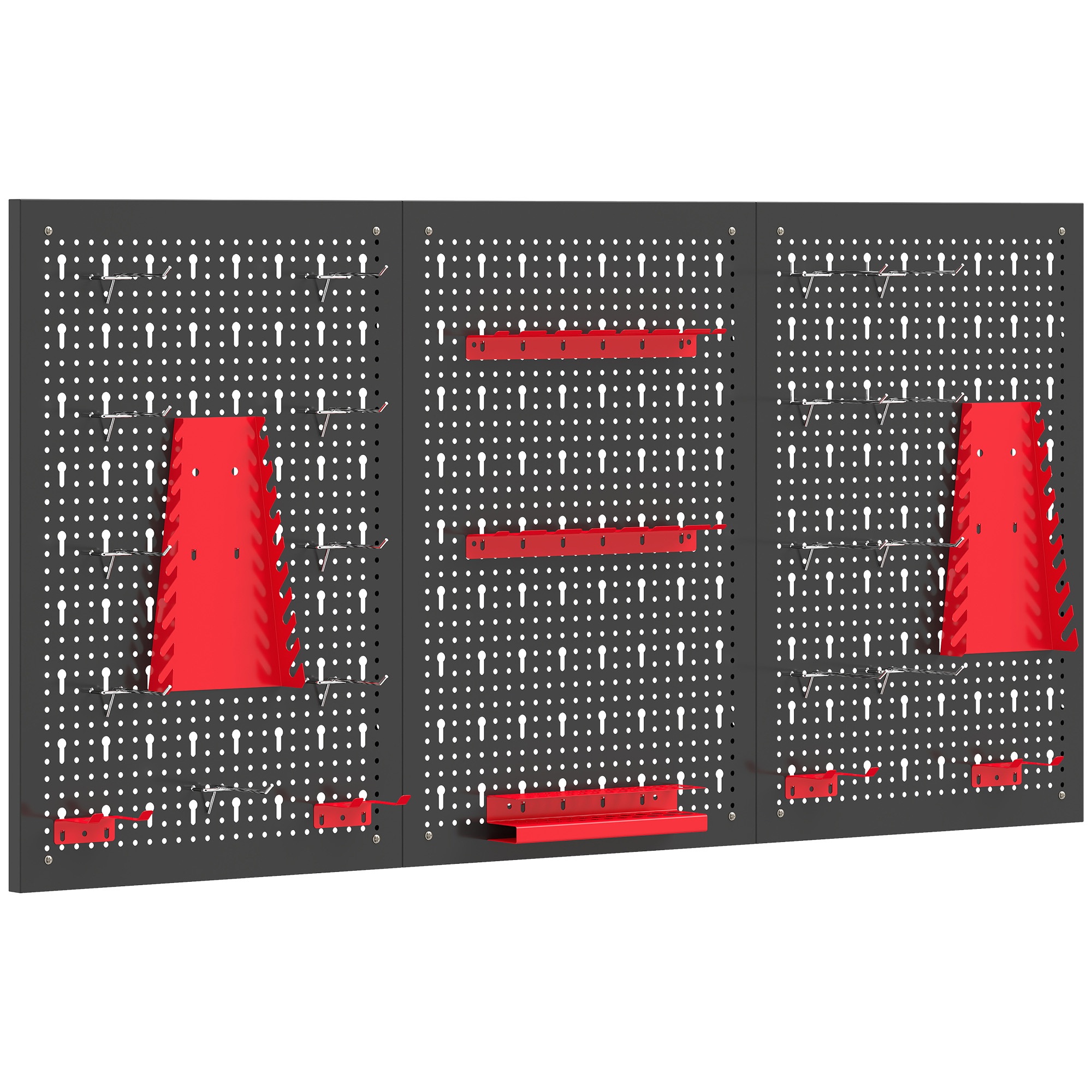 Seinale kinnitatav hoiustamissüsteem 60 x 40 cm, 28 osa. Ämbririiul konksude ja hoiuruumidega, töökojariiul, must+punane