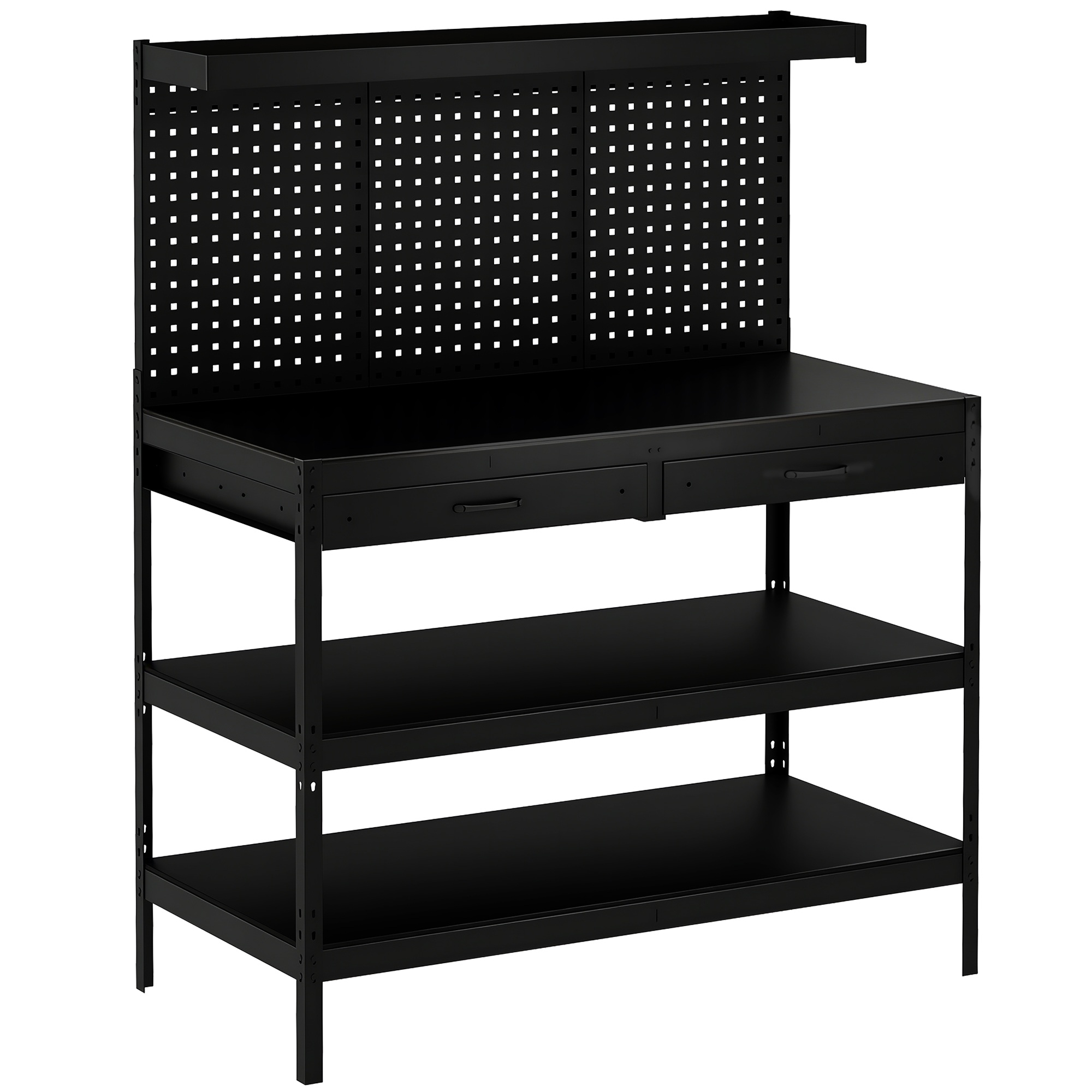 Töölaud reguleeritavate riiulitega, vastupidav tööjaam perforeeritud tahvli ja 2 sahtliga, 122 x 61 x 156 cm, must