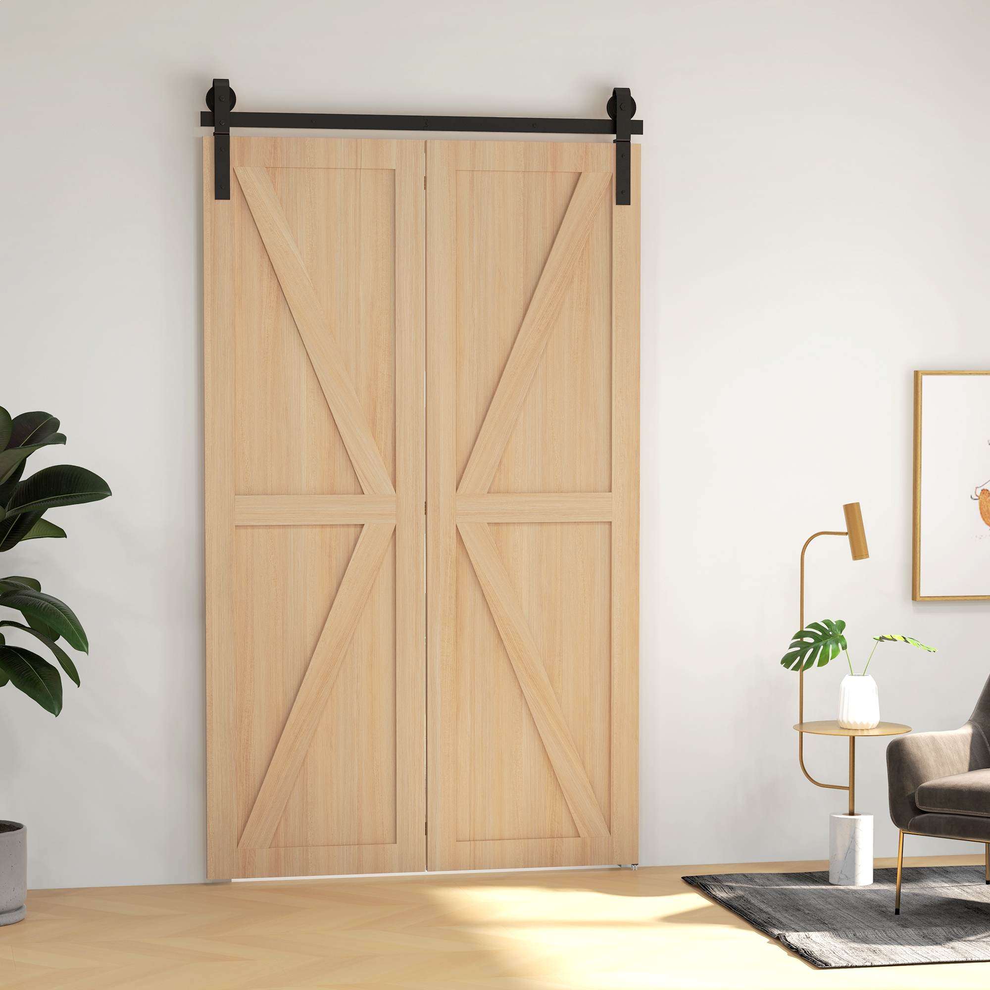 Lükandukse furnituurikomplekt 122 cm Kahepoolse lükandukse furnituurikomplekt J-kujuliste riputustega ja toruklambritega