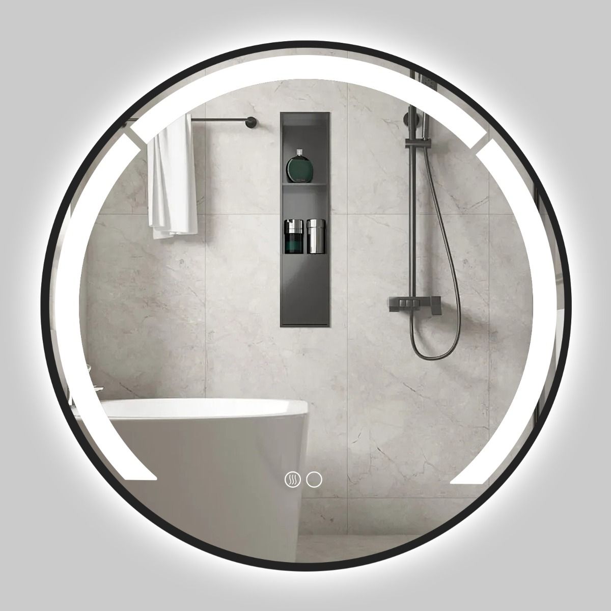 60 cm ümmargune vannitoapeegel LED-valguse ja alumiiniumraamiga, meigipeegel, must
