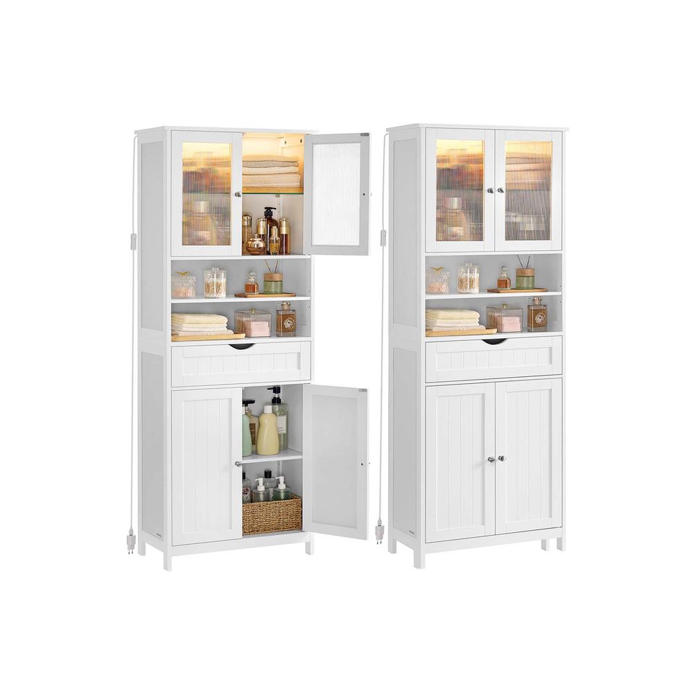 Vannitoakapp LED valgustusega, riiulite, sahtli ja avatud sektsioonidega, valge