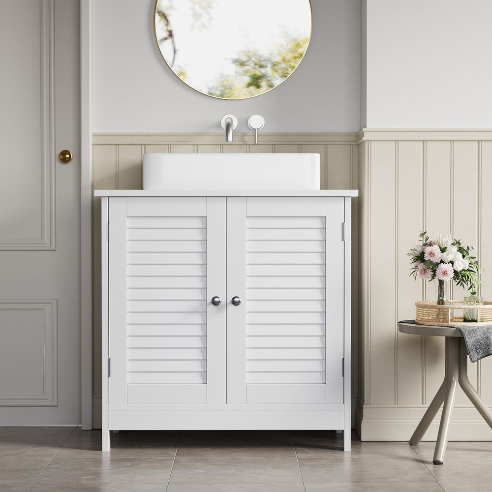 Valamu aluskapp, vannitoakapp, hoiukapp, 60 x 30 x 60 cm, 2 liistuksega, reguleeritav riiul, käepidemetega, skandinaavia stiil, mattvalge BBC05WT