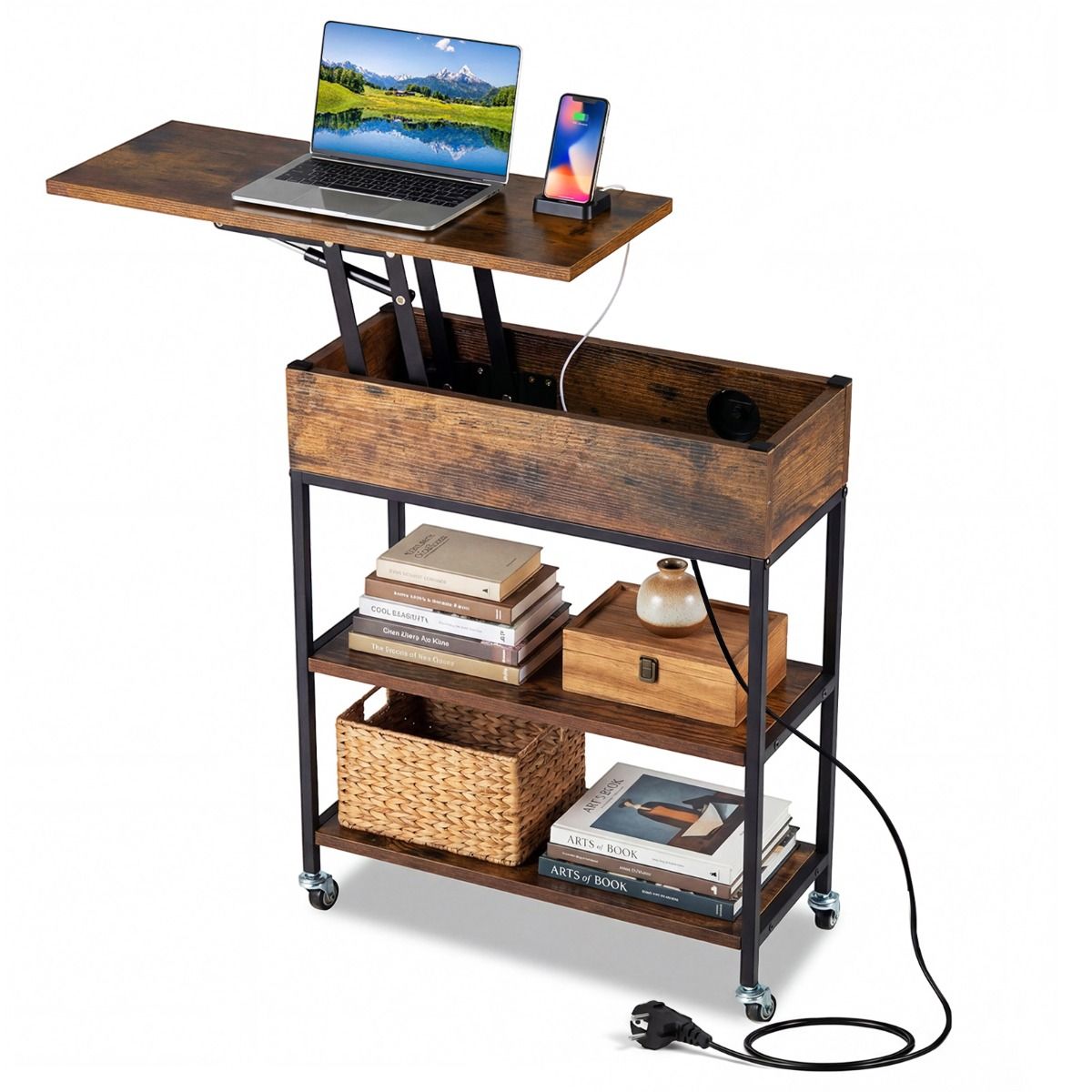 Tõstetava pealispinnaga abilaud, laadimisjaama, peidetud hoiuruumi ja riiulitega. Ratastega kohvilaud.