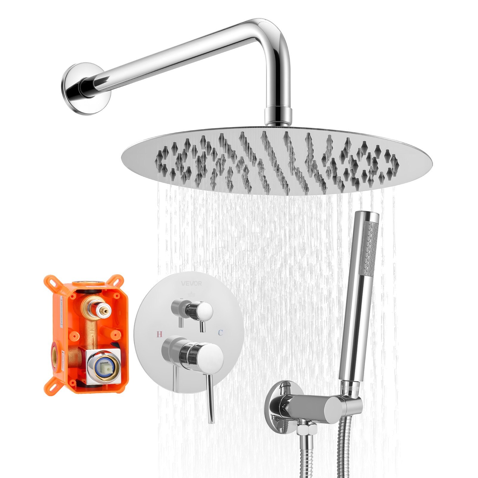 Dušisegisti komplekt, vihmamantlidušisüsteem 25,4 cm (25, hõbedane kroom