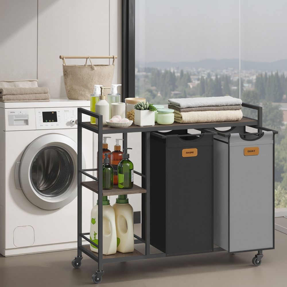 Pesukorv 2 sektsiooni, pesukoguja 100 L, pesusorteerija, rattad, pesukäru riiulitega, pesukott, eemaldatavate taskutega, 6 silti, kastanpruun-tindimust-tuvi-hall BLH311B02