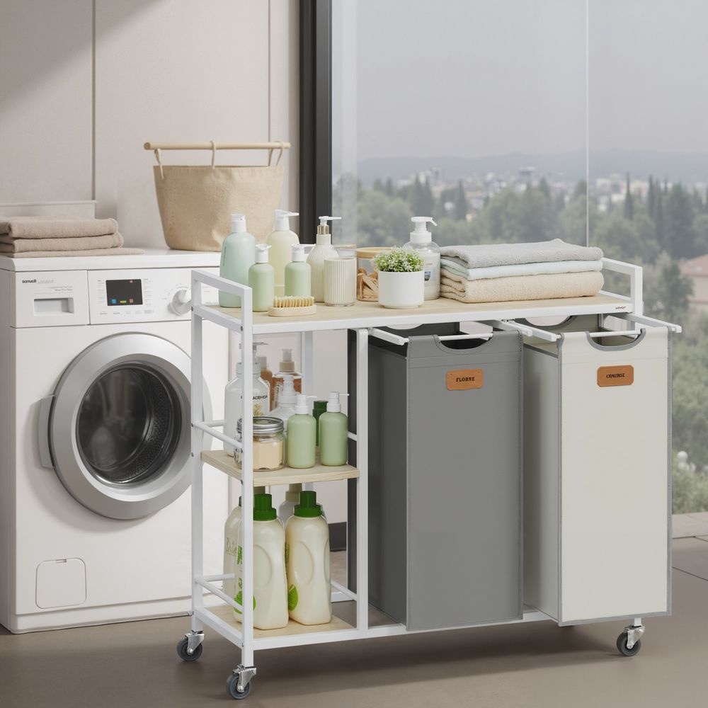 Pesukorv 2 sektsiooni, pesukoguja 100 L, pesusorteerija, rullikud, pesukäru riiulitega, pesukott, eemaldatavate taskutega, 6 silti, kastanpruun-tindimust-tuvi-hall BLH311B02