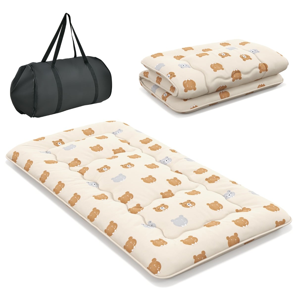Pestava katte ja kandekotiga jaapani futon-madrats ning rullitav tatami-madrats (90 x 200 cm), karu-pruun