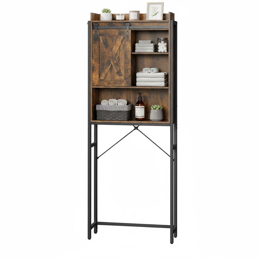 VASAGLE WC-riiul, vannitoariiul, kapiga, terasraam, pesumasinale, lihtne kokkupanek, tööstusdisain, 64 x 24 x 171 cm, vintage-pruun-must
