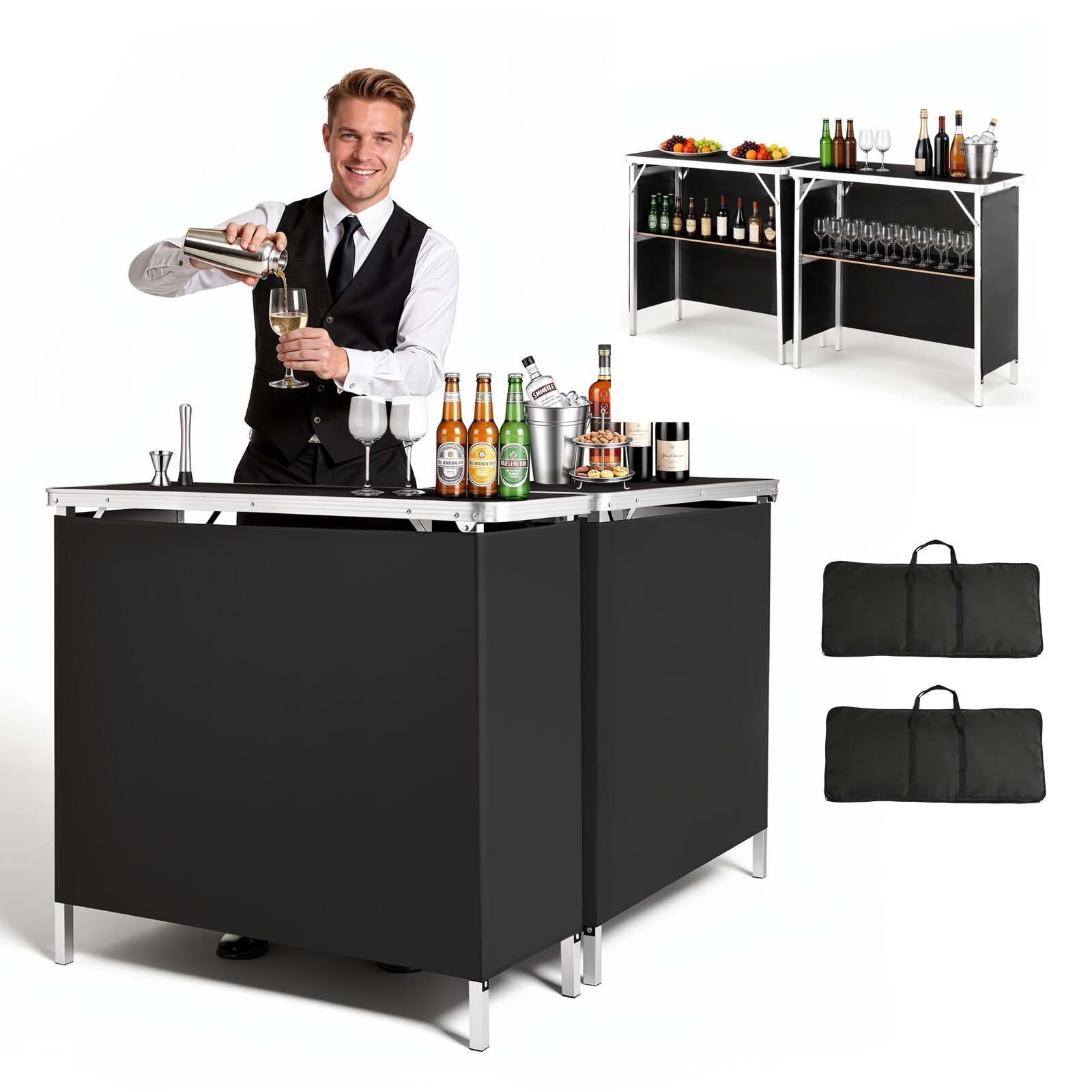 Kokkupandav kaasaskantav baarilaud, 2 tk, 980 x 385 x 870 mm, kandekotiga, hoiuriiuliga, eemaldatava äärega, kiire ja lihtne paigaldus, kokkupandav mobiilne baarmenilaud üritusteks, pidudeks, messidele