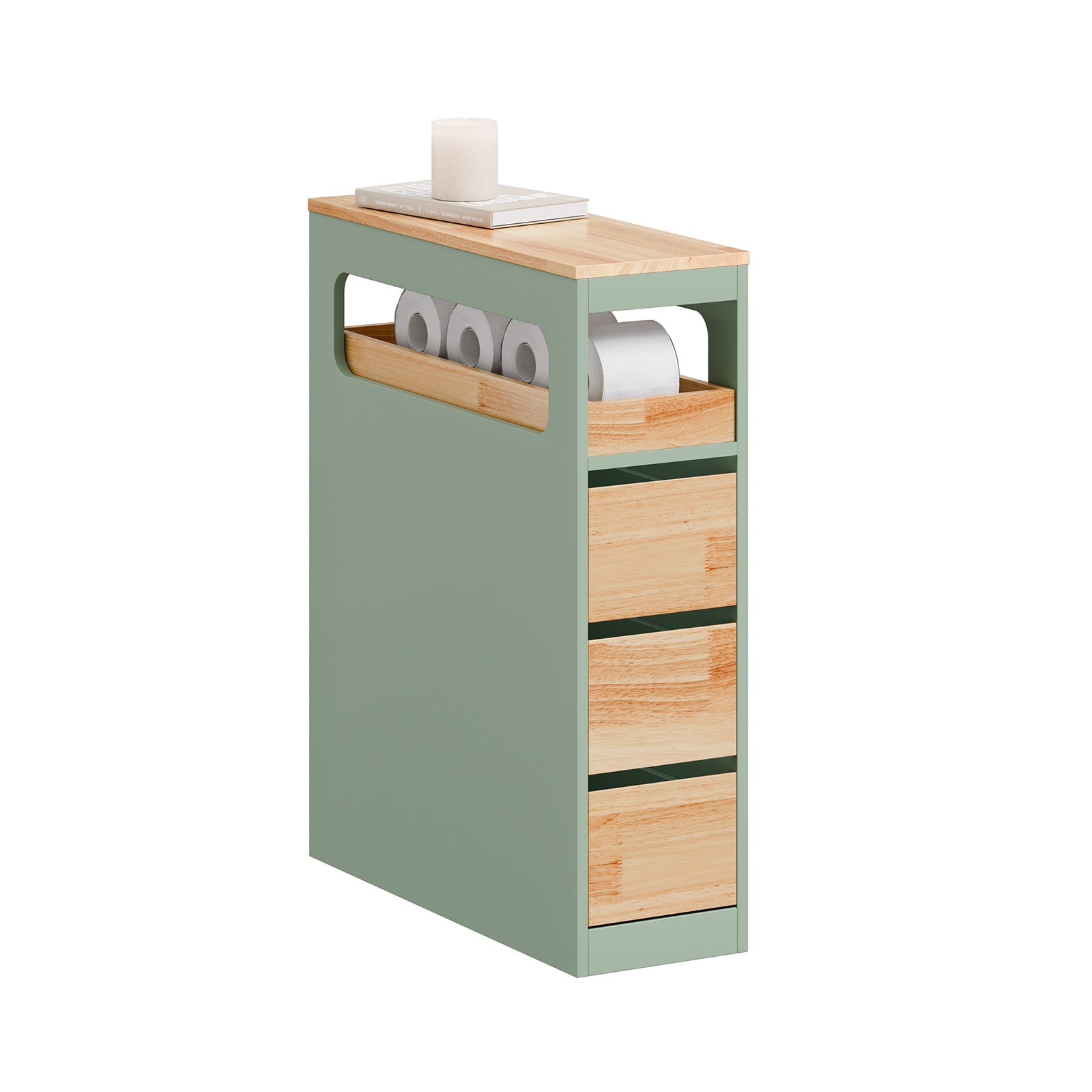 Smalle badkamerkast op wielen - smalle badkamer opbergkast met 3 lades en verstelbare plank, klein WC-meubel van hout voor toilet, groen, 65 x 24 x 82 cm